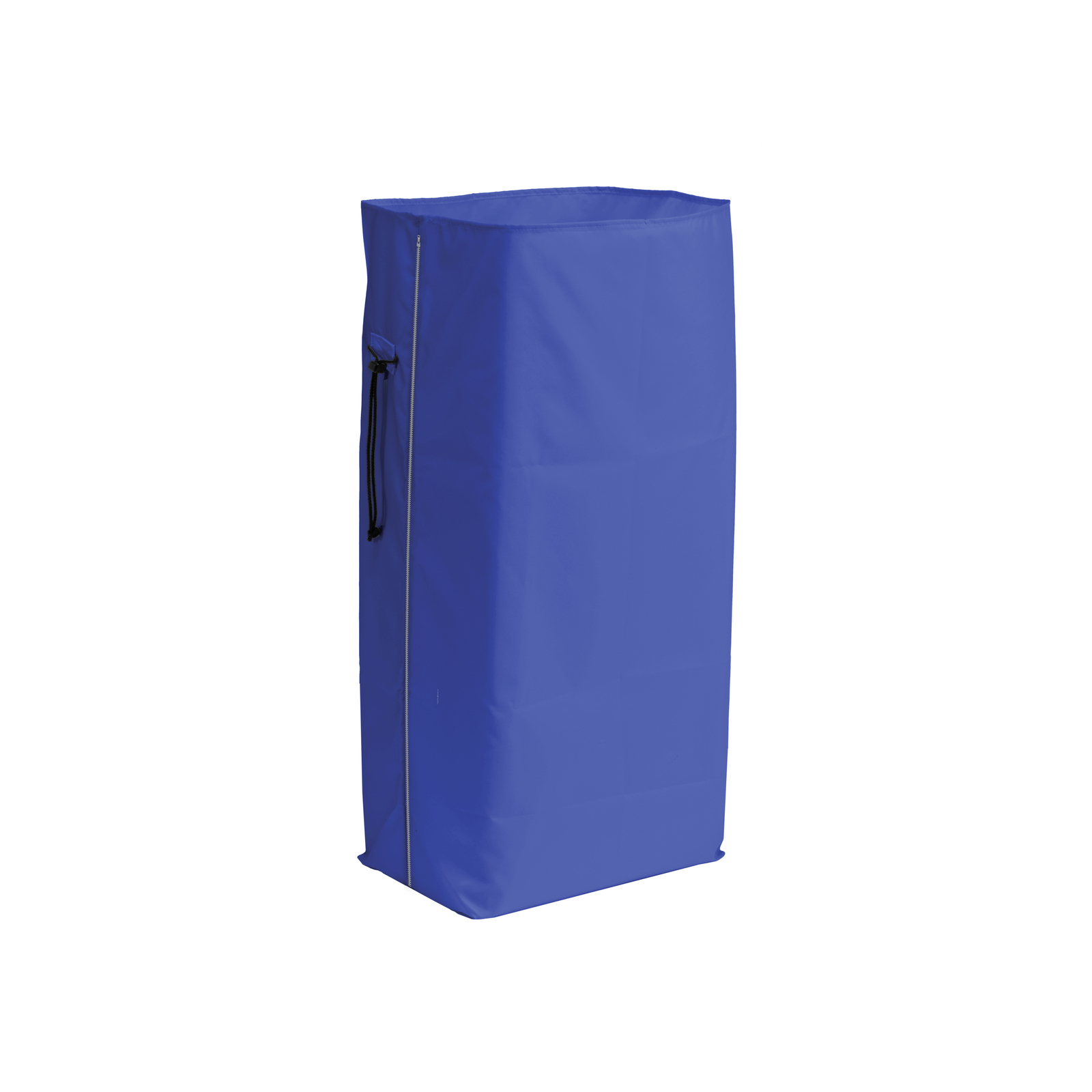 Tall blue fabric cover with a zipper and drawstring on the side, standing upright against a white background. Tall blue fabric cover with a zipper and drawstring on the side, standing upright against a white background.