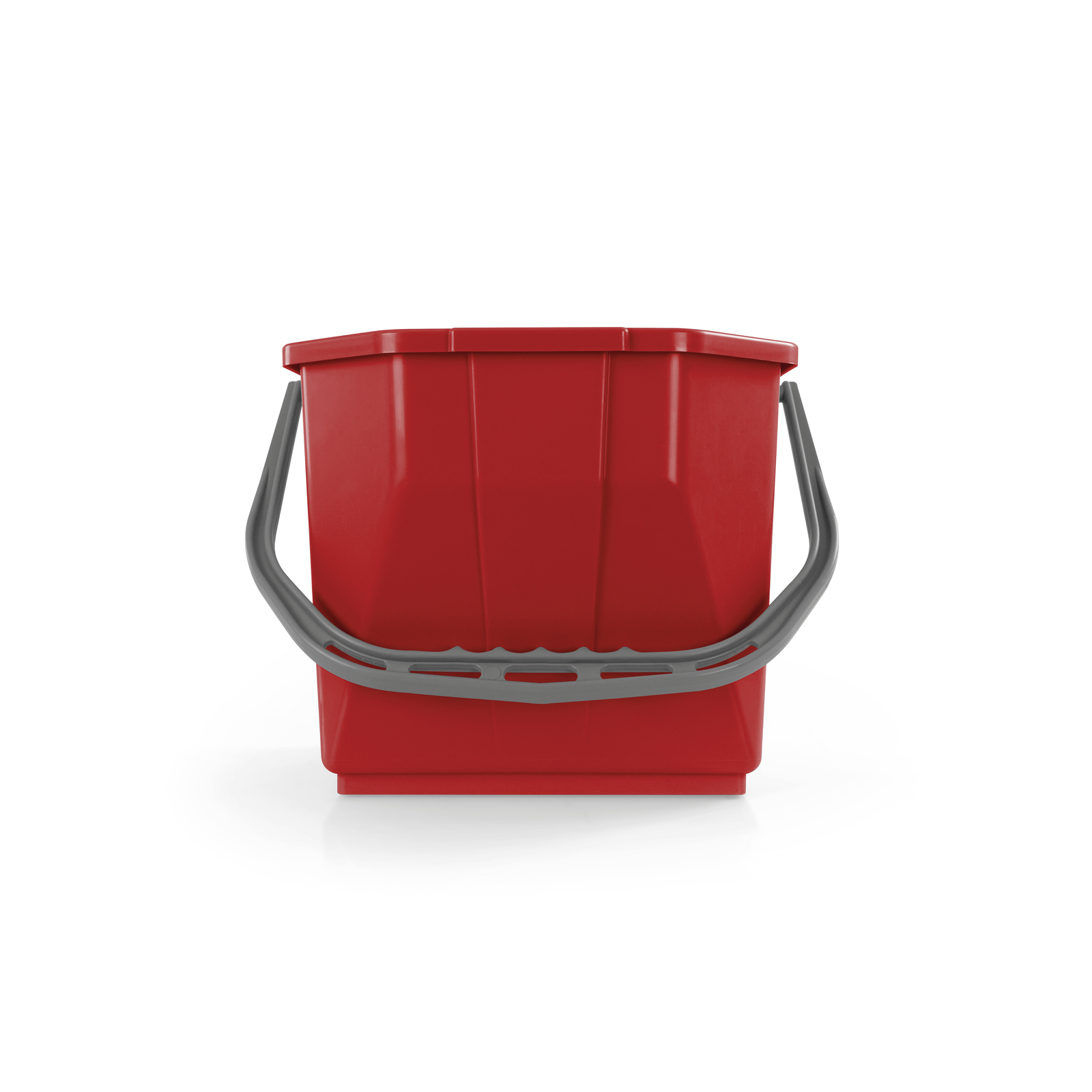 Red plastic bucket with a grey handle, viewed from the front against a white background.