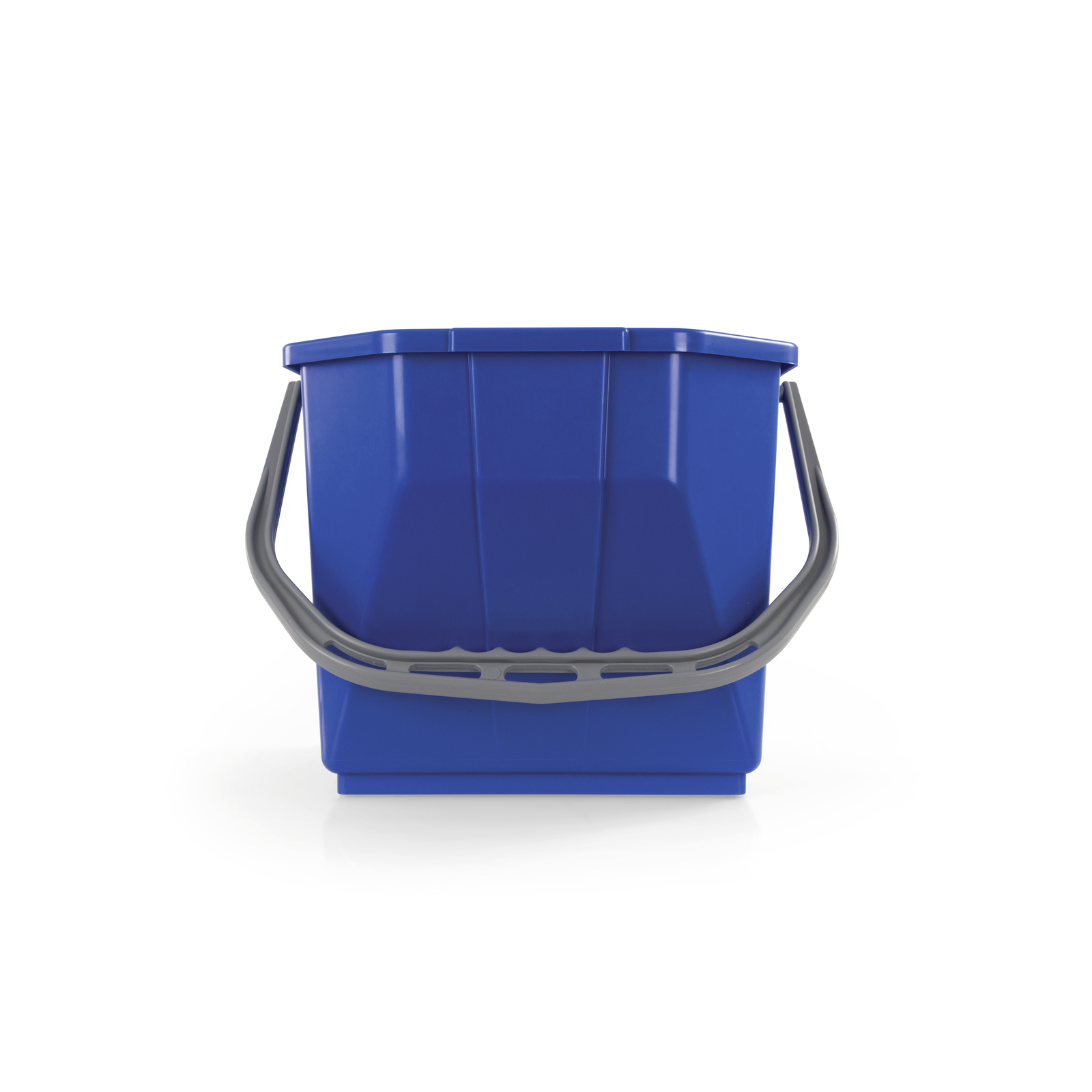 Blue plastic bucket with a grey handle, viewed from the front against a white background.