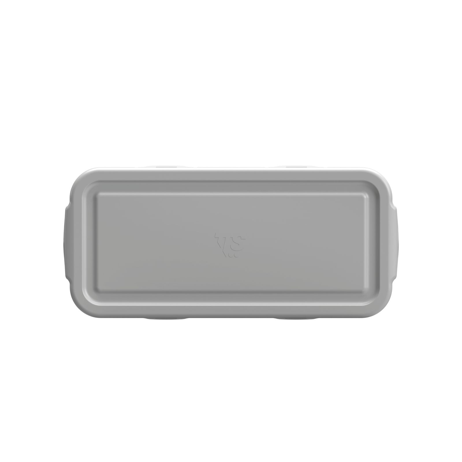 Grey rectangular plastic container with a subtle embossed logo in the centre, viewed from above.