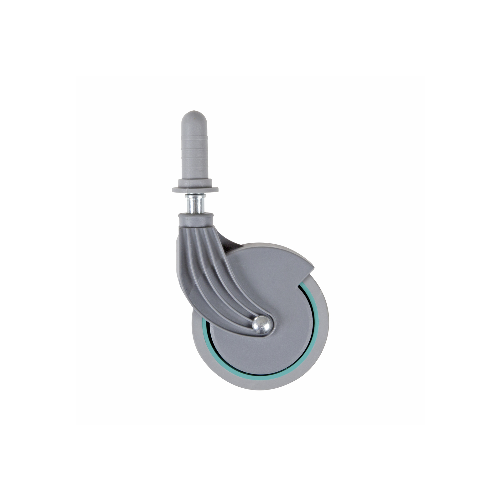 Grey swivel caster wheel with green trim, featuring a ribbed stem and a smooth, curved design.