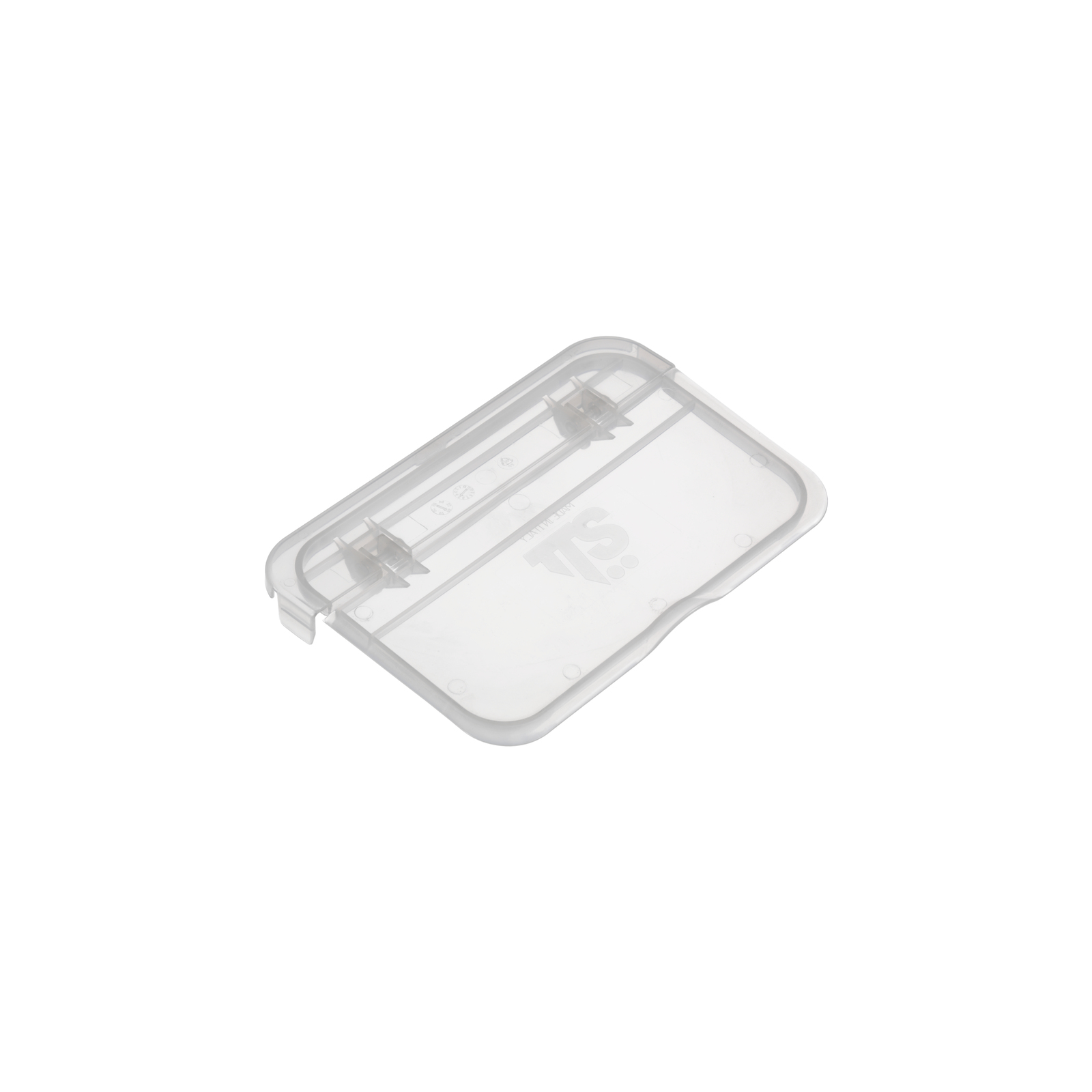 Transparent plastic cover with two hinges, featuring the embossed logo "TIS" on a white background.