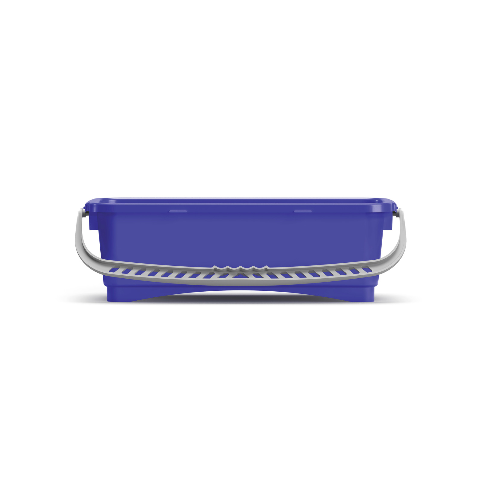 Blue rectangular bucket with a grey handle, viewed from the side, on a white background. Blue rectangular bucket with a grey handle, viewed from the side, on a white background.