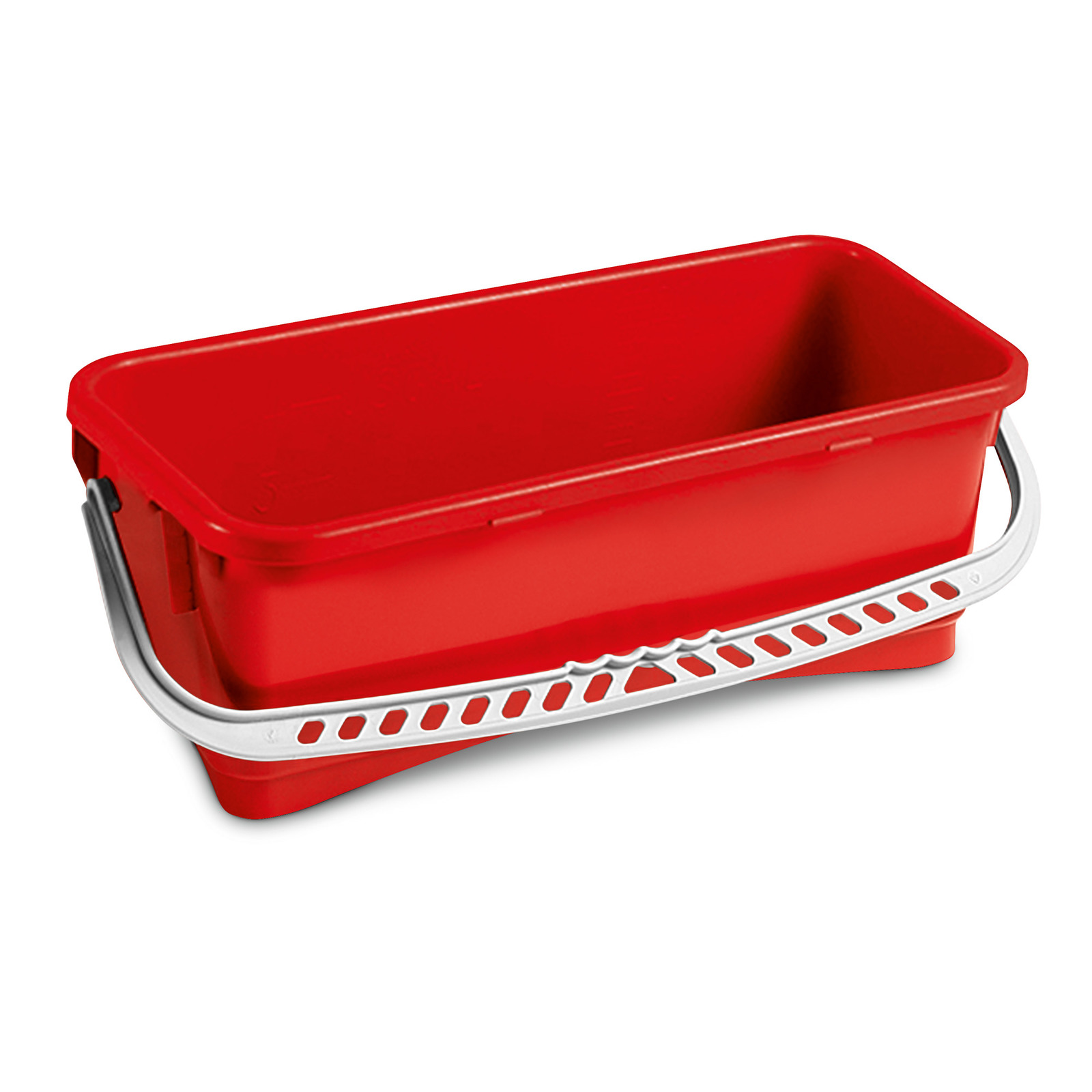 Red rectangular bucket with a white ergonomic handle, designed for cleaning tasks. Red rectangular bucket with a white ergonomic handle, designed for cleaning tasks.