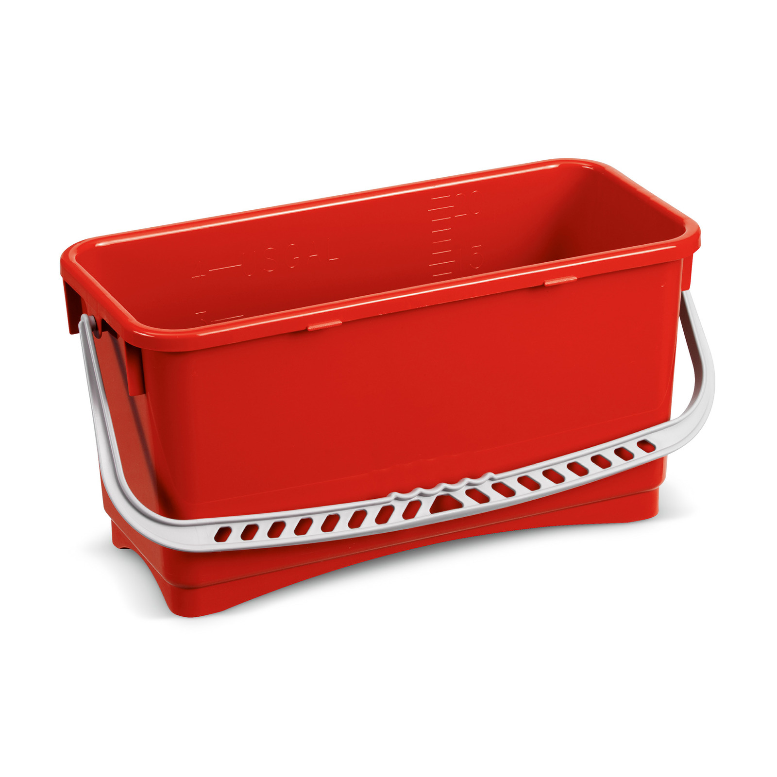 Red rectangular bucket with a white handle, featuring measurement markings on the inside. Red rectangular bucket with a white handle, featuring measurement markings on the inside.