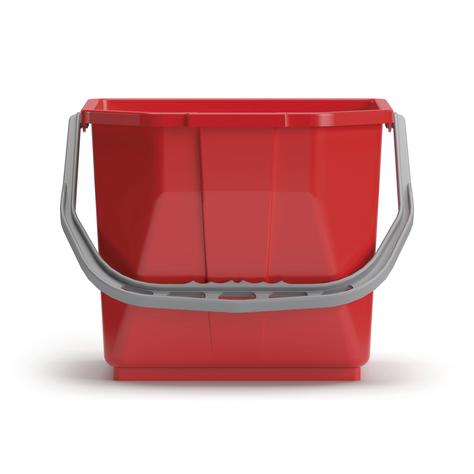 Red plastic bucket with a grey handle, viewed from the front against a white background. Red plastic bucket with a grey handle, viewed from the front against a white background.