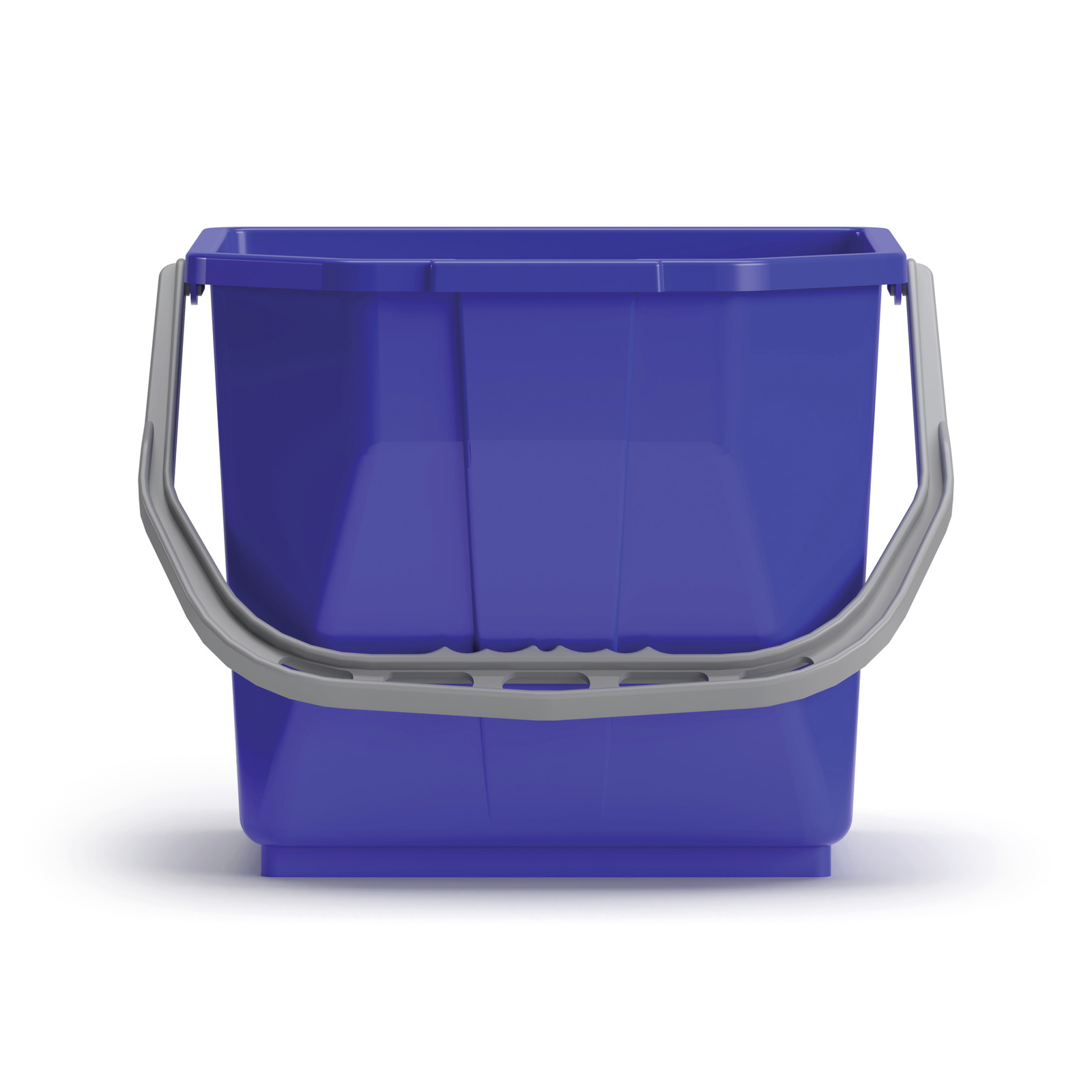 Blue plastic bucket with a grey handle, shown against a white background.