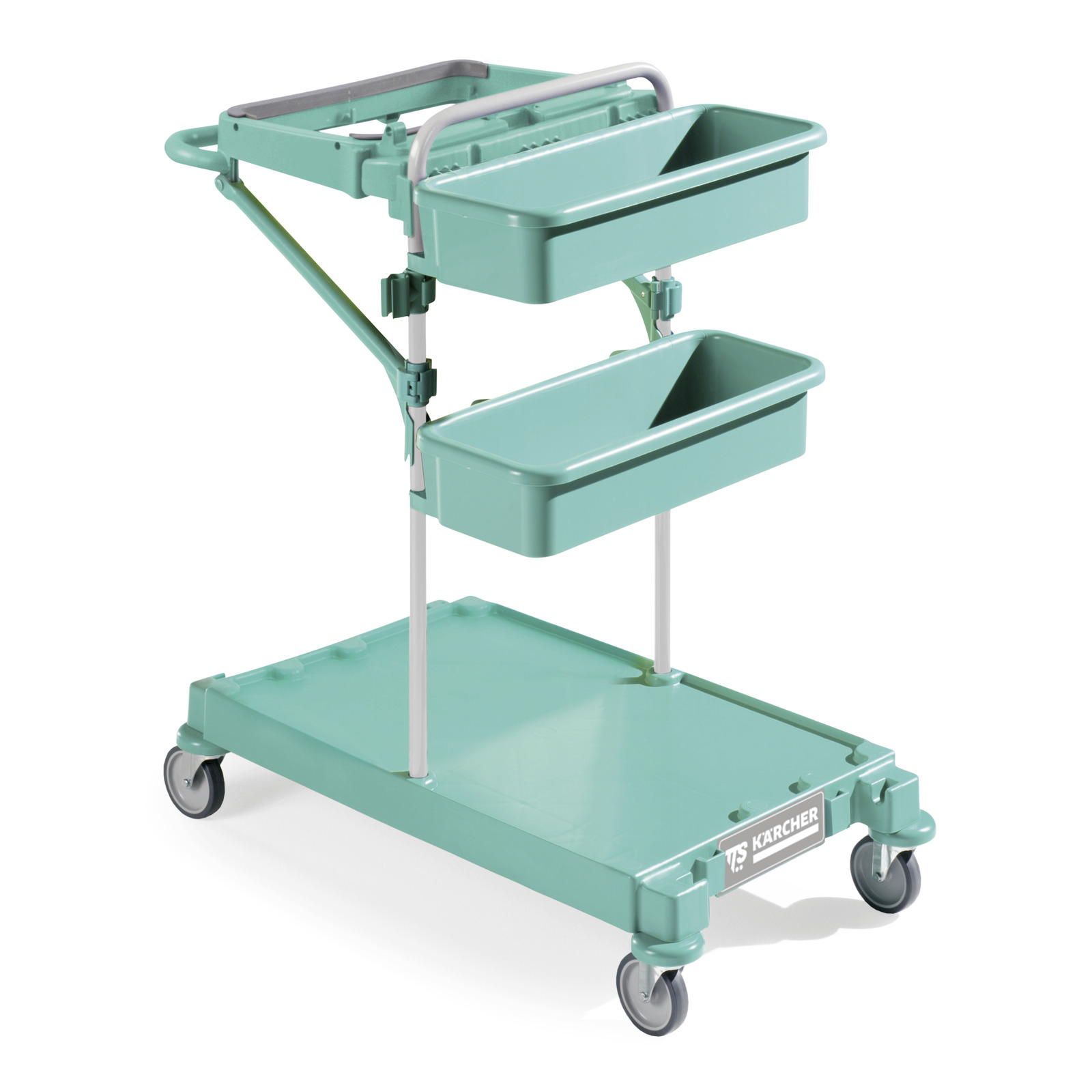 Green Kärcher cleaning trolley with two shelves and four wheels, designed for easy mobility and storage. Green Kärcher cleaning trolley with two shelves and four wheels, designed for easy mobility and storage.
