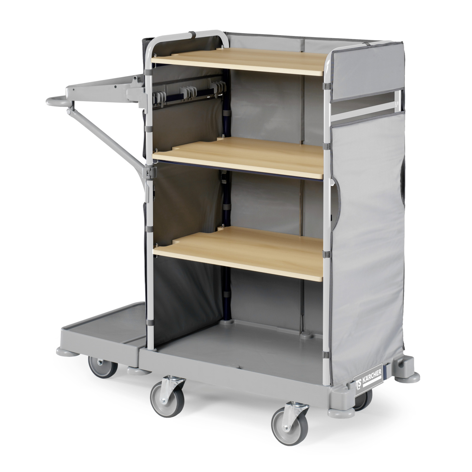 Grey Kärcher cleaning trolley with three wooden shelves, side compartments, and four wheels on a white background. Grey Kärcher cleaning trolley with three wooden shelves, side compartments, and four wheels on a white background.