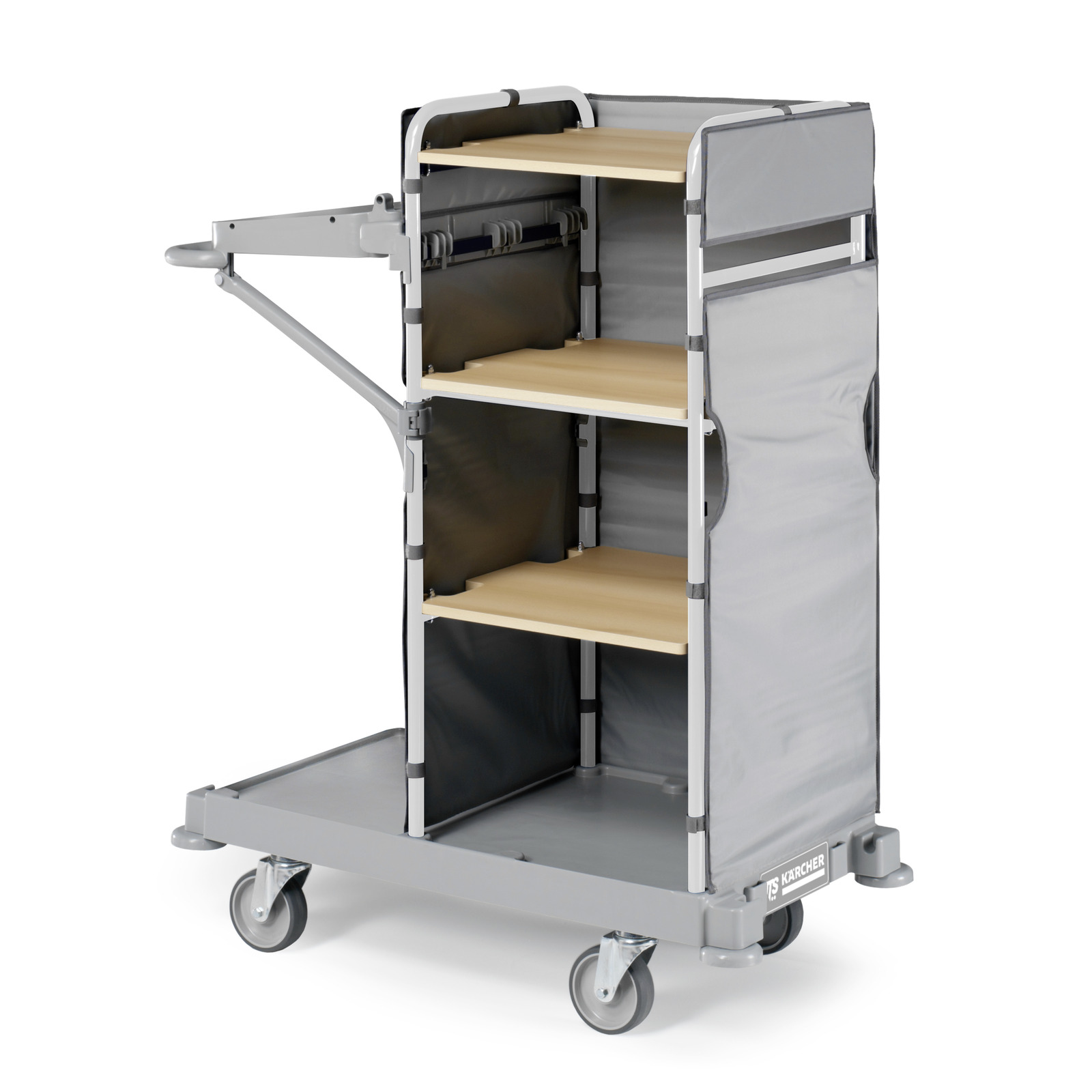 Grey Kärcher cleaning trolley with shelves, wheels, and a handle, designed for indoor use.
