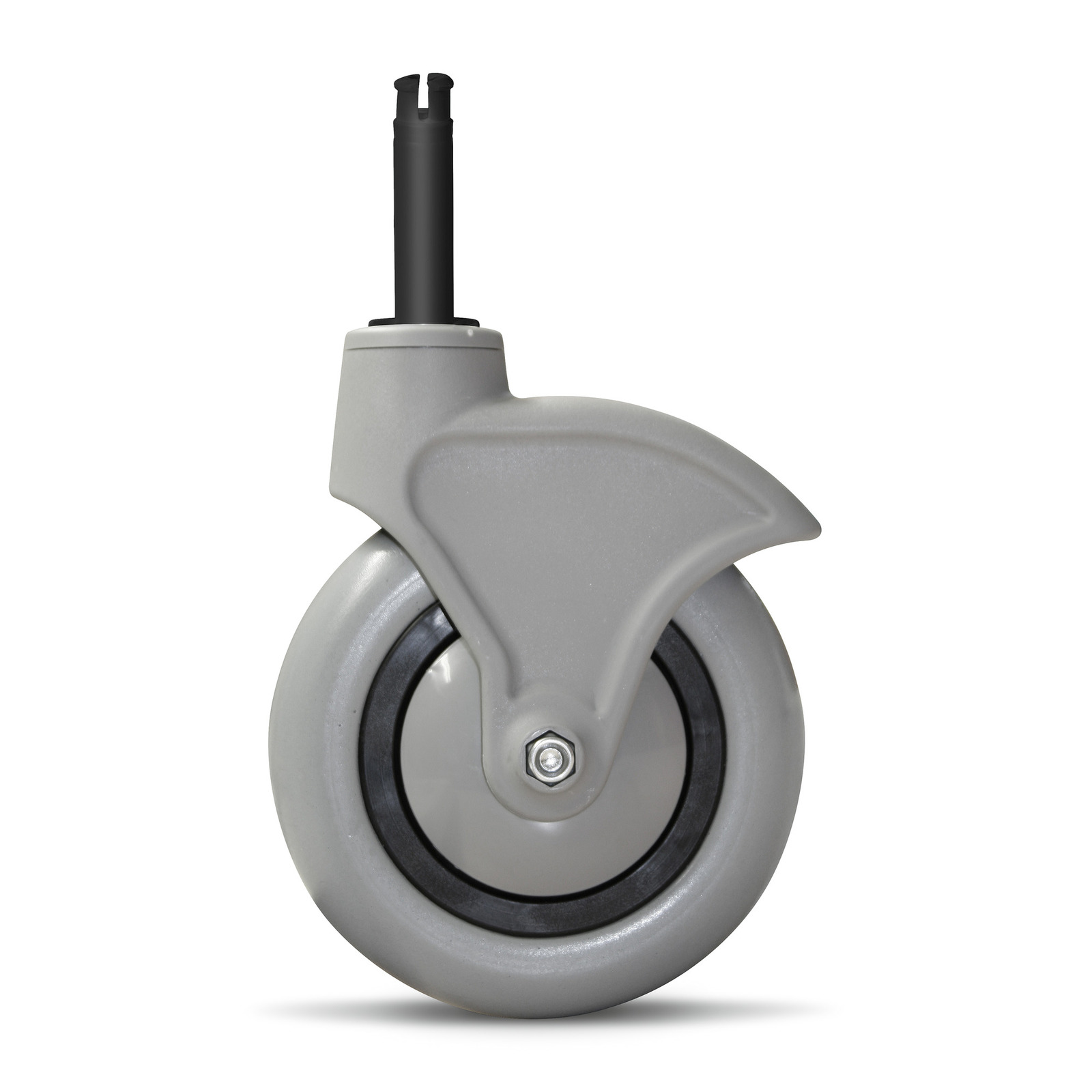 Grey swivel caster wheel with black stem and bolt, featuring a smooth surface and black rubber rim. Grey swivel caster wheel with black stem and bolt, featuring a smooth surface and black rubber rim.