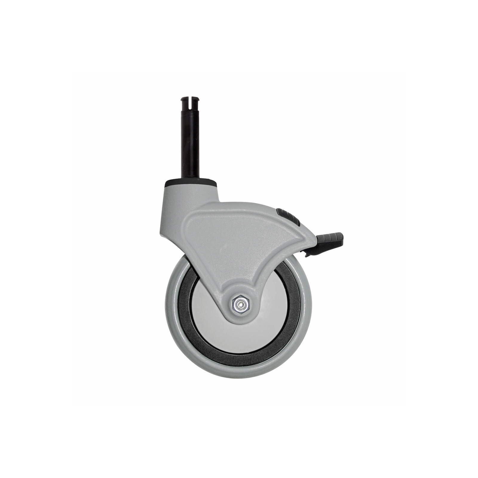 Grey swivel caster wheel with black rubber edge and metal centre, featuring a vertical mounting stem.
