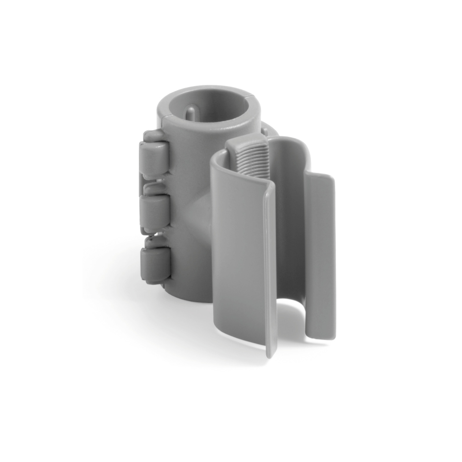 Grey plastic clamp with a cylindrical base and adjustable side grips, designed for securing objects. Grey plastic clamp with a cylindrical base and adjustable side grips, designed for securing objects.