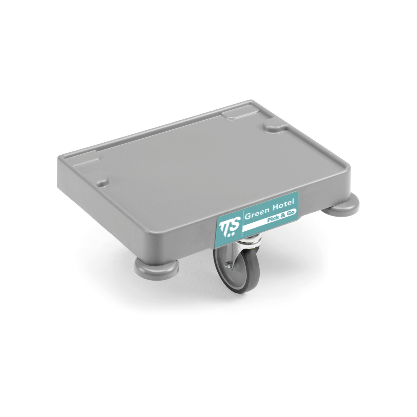 Grey wheeled platform with "Green Hotel Pick & Go" label, featuring a single visible caster wheel.