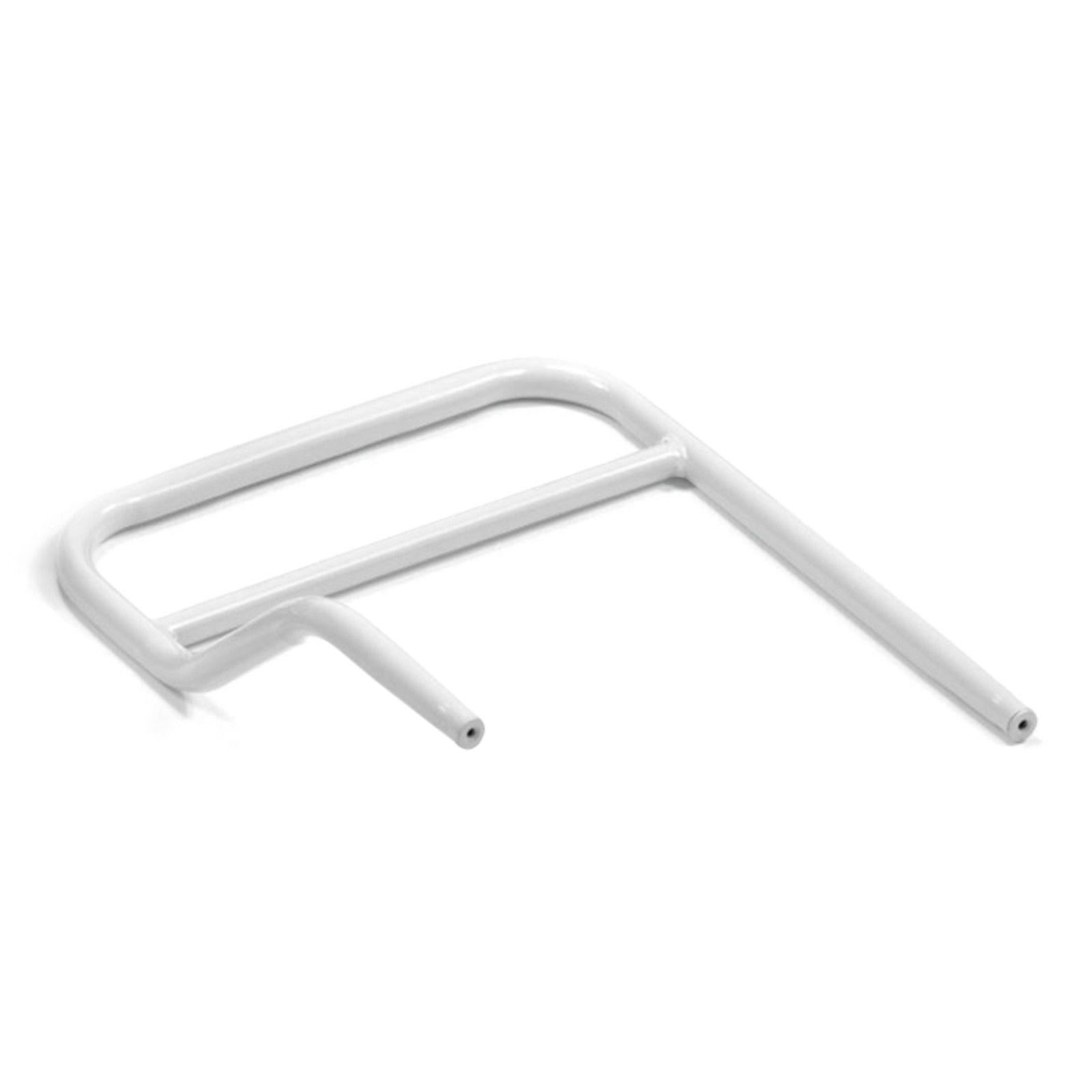 White metal handlebar with two protruding ends, shown against a plain white background. White metal handlebar with two protruding ends, shown against a plain white background.