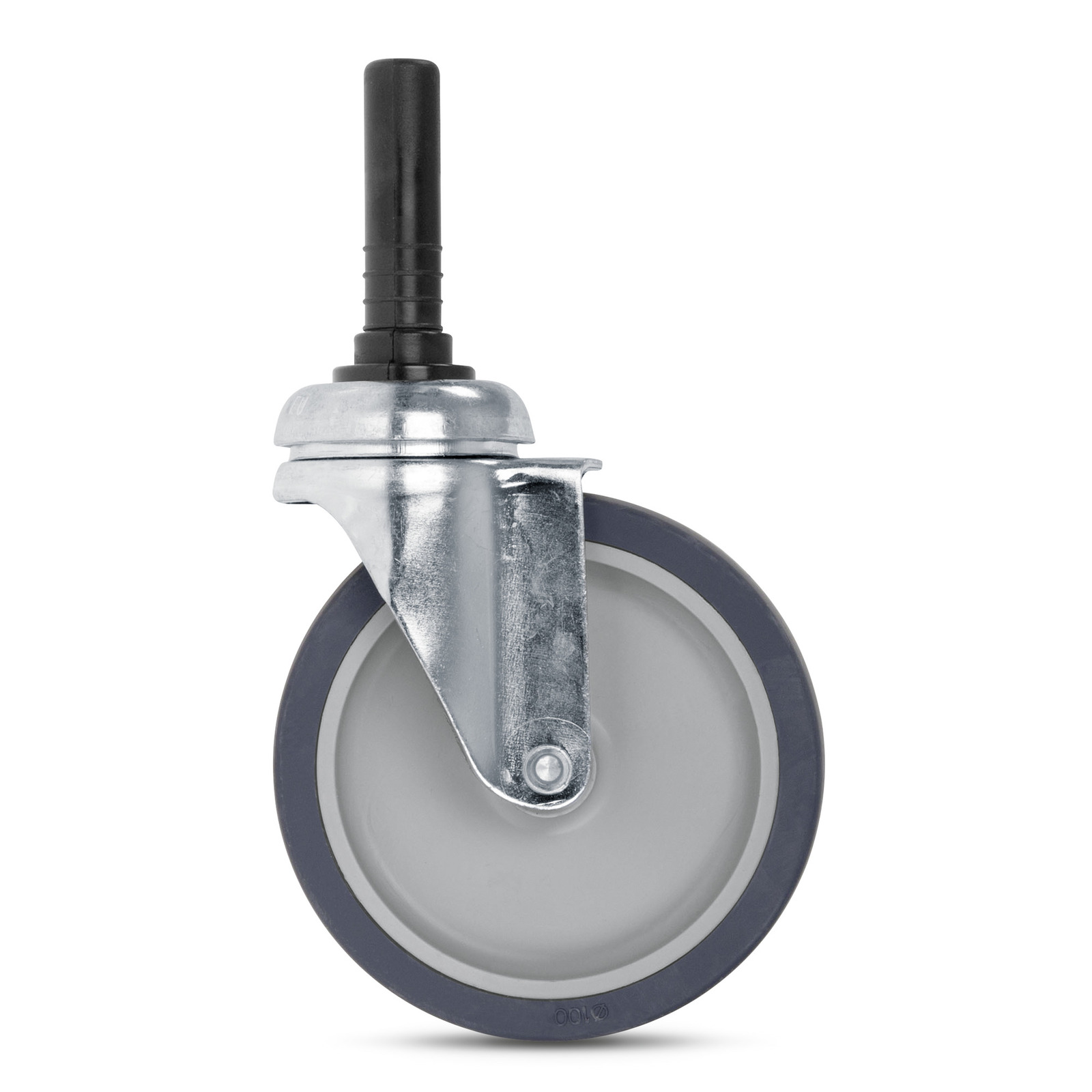 Grey swivel caster wheel with black stem and metal bracket, isolated on a white background.