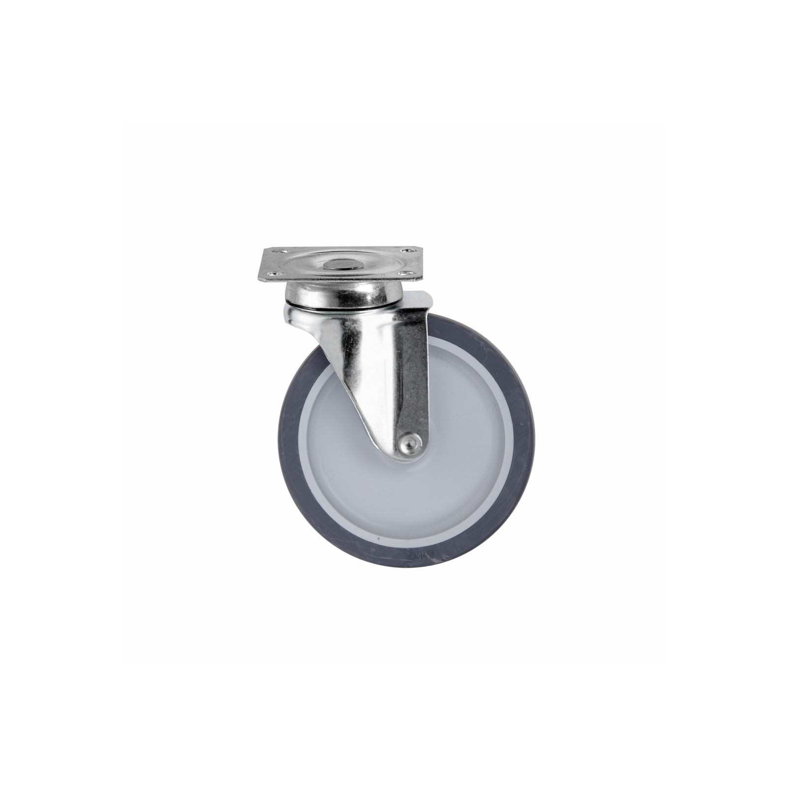 A single swivel caster wheel with a grey rubber tread and metal mounting plate, isolated on a white background. A single swivel caster wheel with a grey rubber tread and metal mounting plate, isolated on a white background.