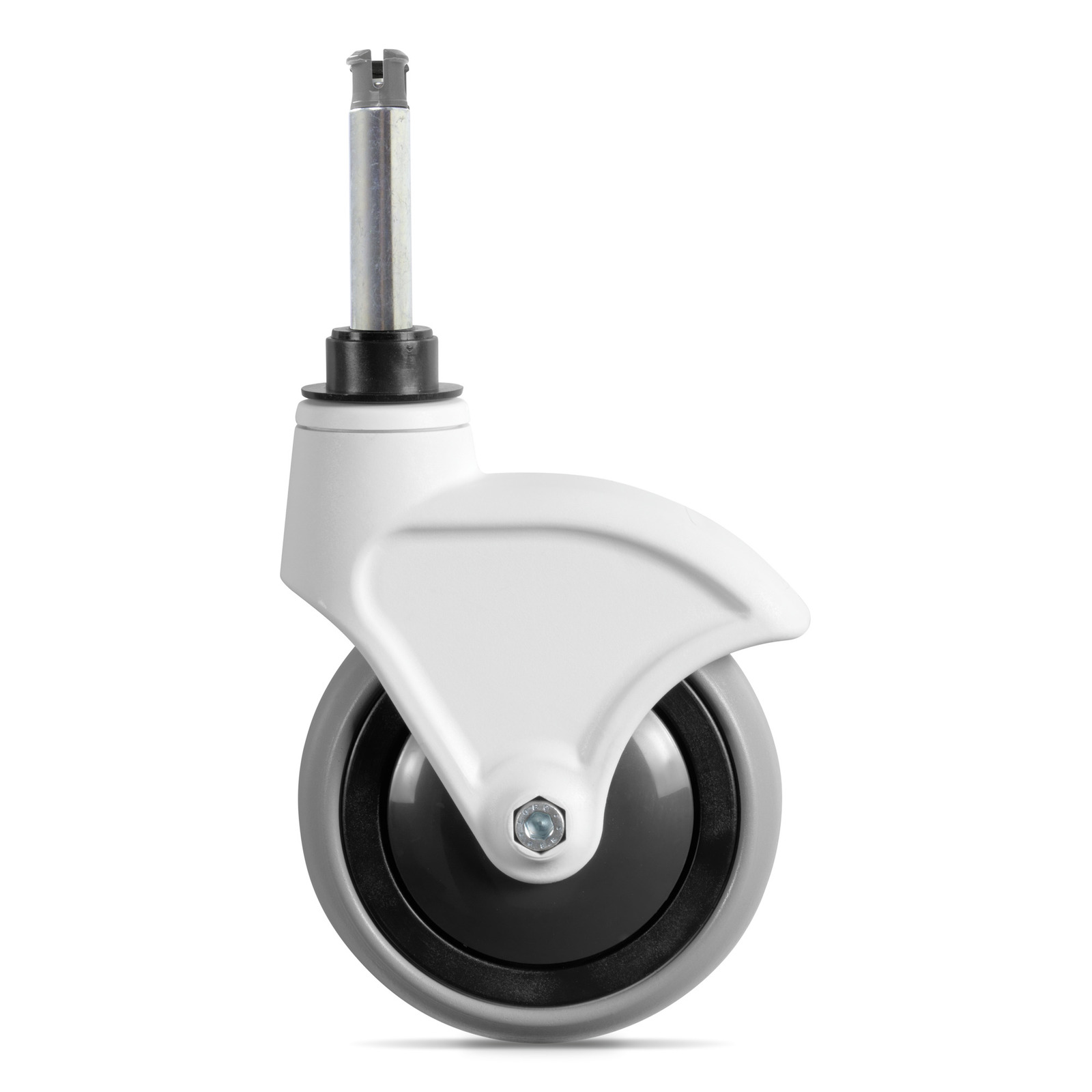 White swivel caster wheel with a grey tyre and metal stem, isolated on a white background. White swivel caster wheel with a grey tyre and metal stem, isolated on a white background.