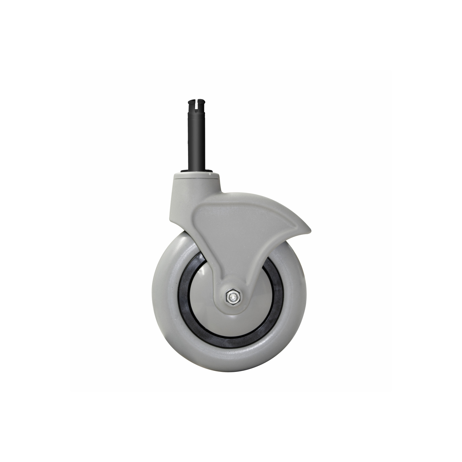 Grey swivel caster wheel with black axle, featuring a protective cover, isolated on a white background. Grey swivel caster wheel with black axle, featuring a protective cover, isolated on a white background.
