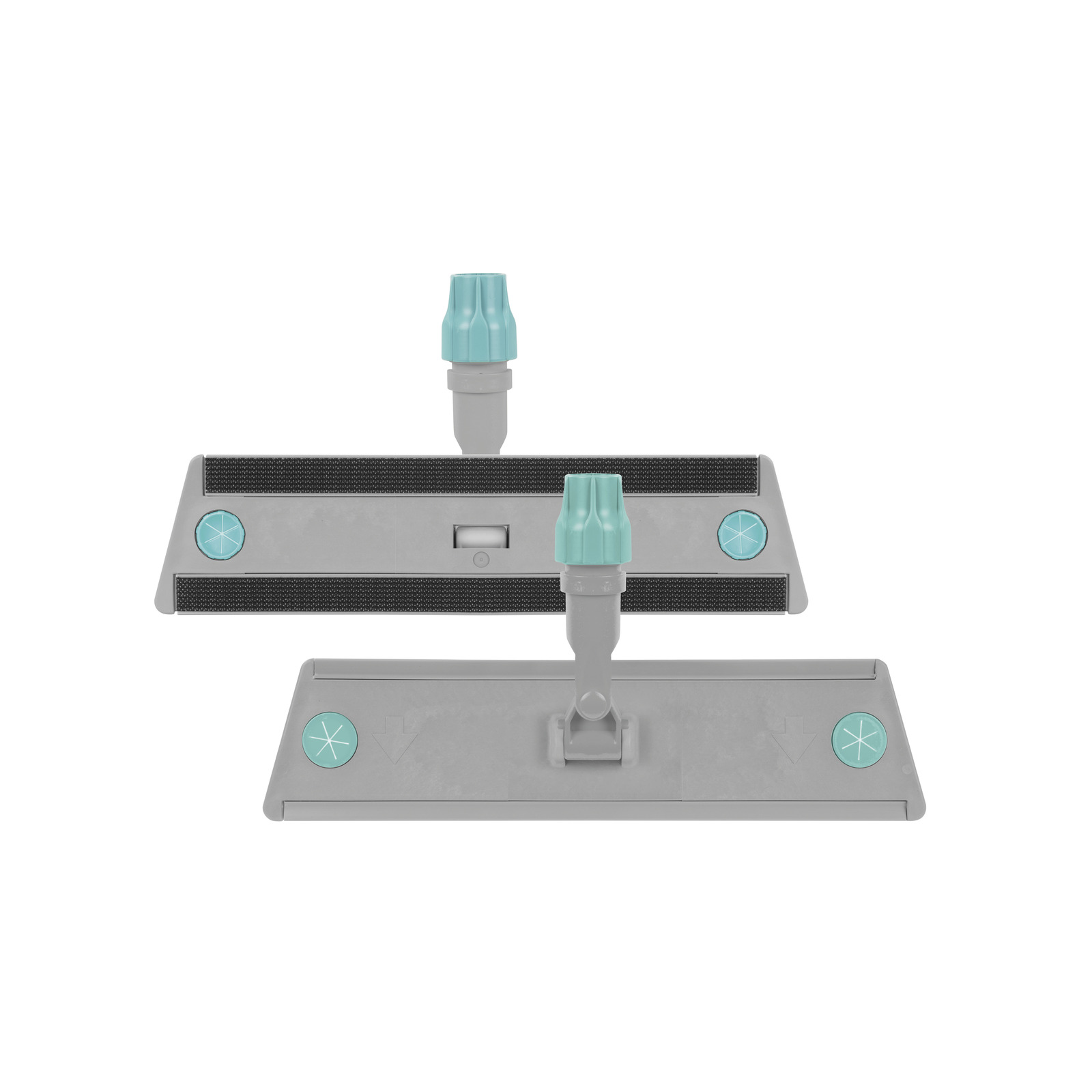 Two grey mop heads with turquoise connectors and circular buttons, displayed against a white background.