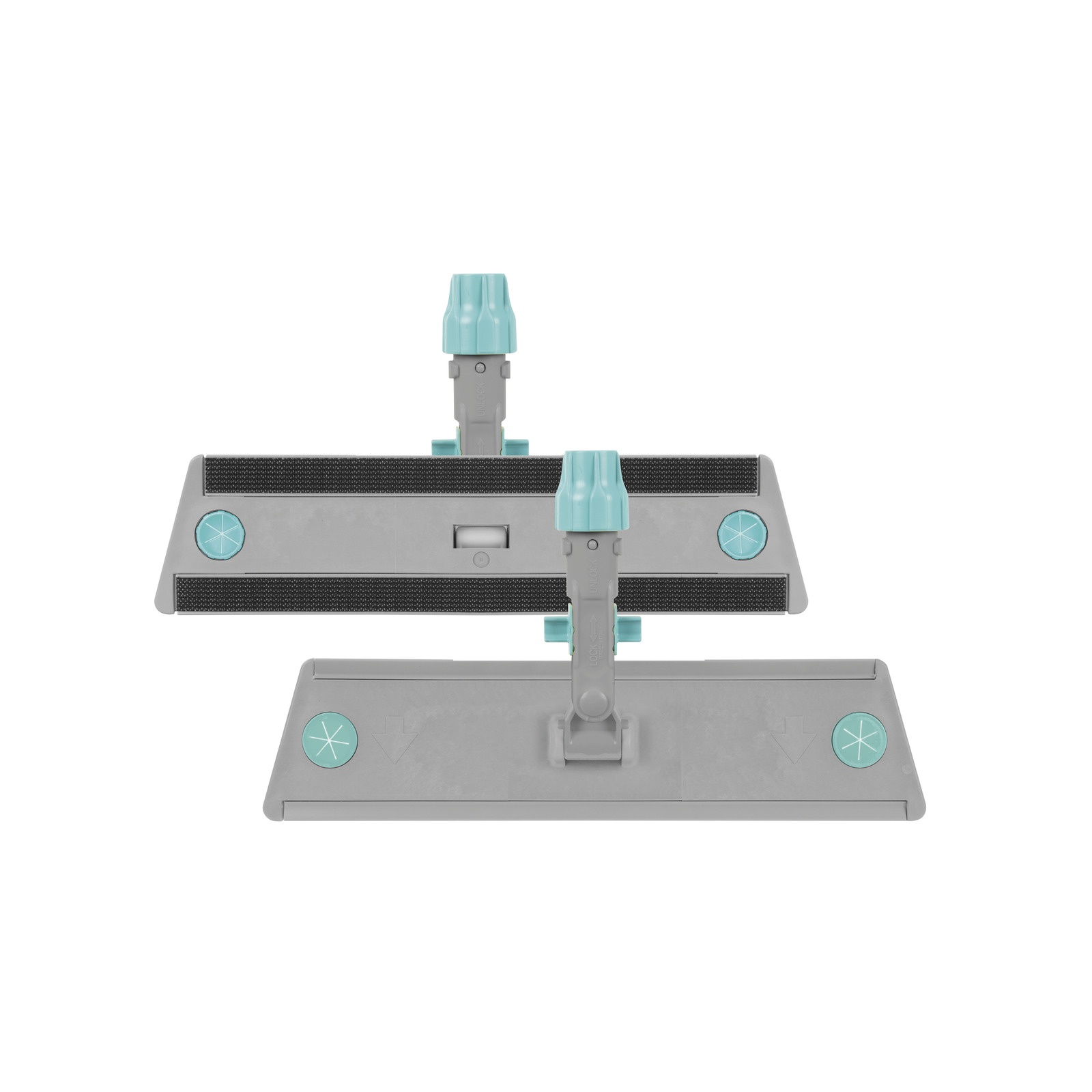 Two grey mop heads with turquoise attachments, featuring circular turquoise buttons on each corner. Two grey mop heads with turquoise attachments, featuring circular turquoise buttons on each corner.
