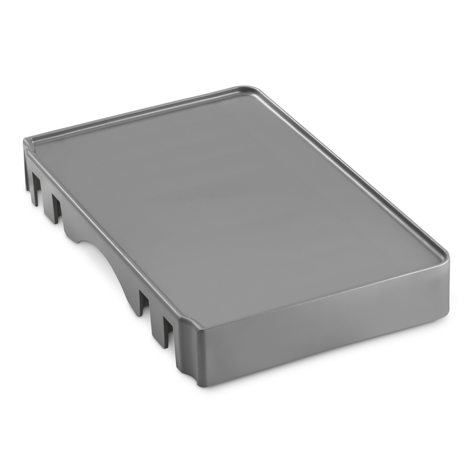 Grey plastic tray with raised edges and a smooth surface, featuring slots on the side for stacking or attachment.