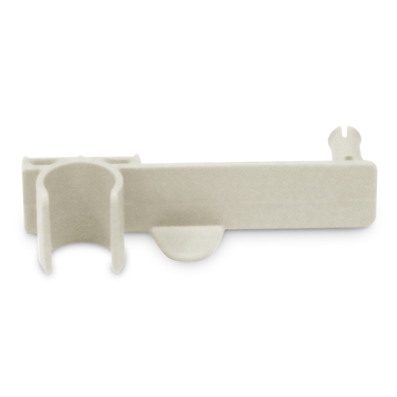 Beige plastic holder with a cylindrical slot on the left and a flat rectangular extension on the right.