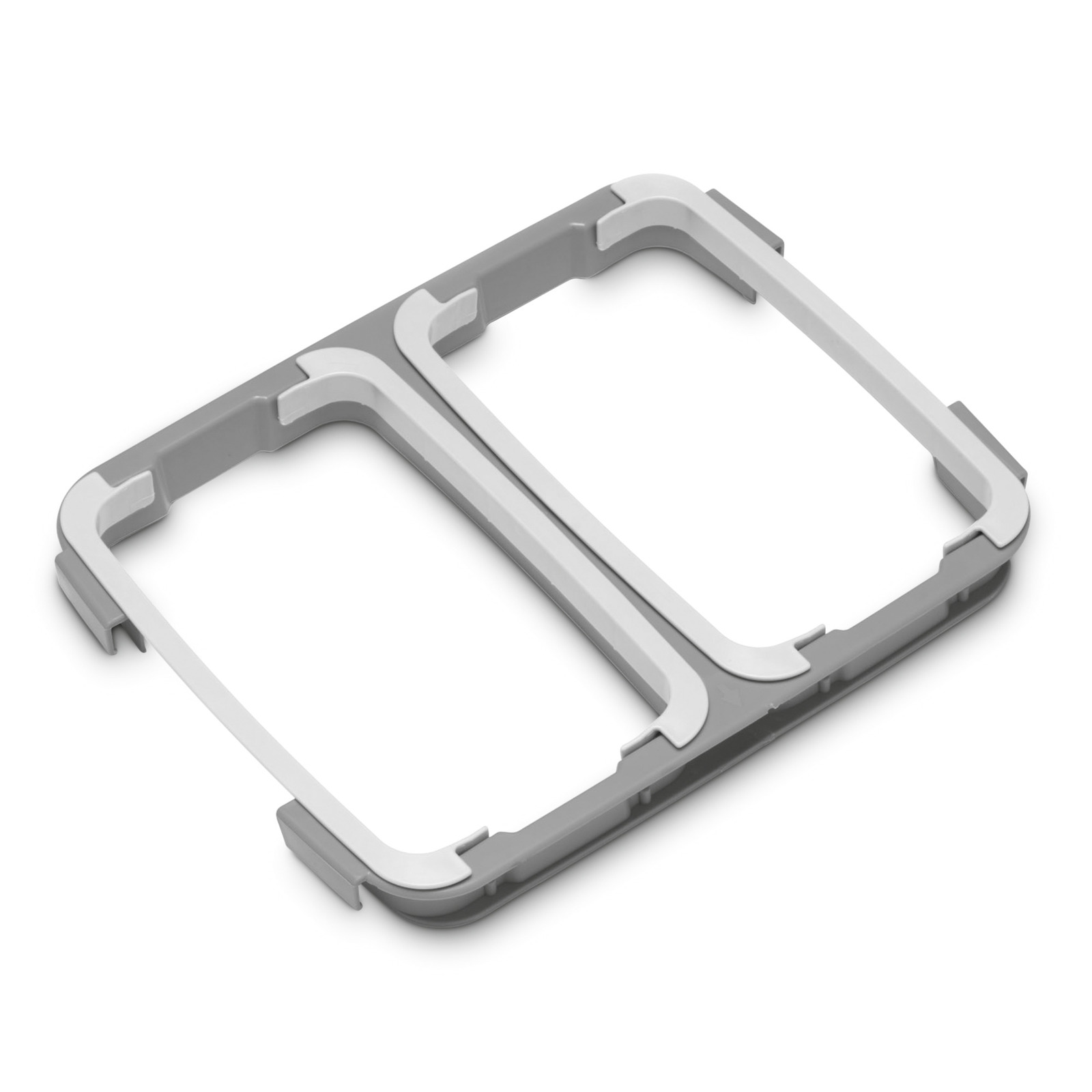 Grey plastic frame with two rectangular openings, featuring rounded edges and clips on each corner.