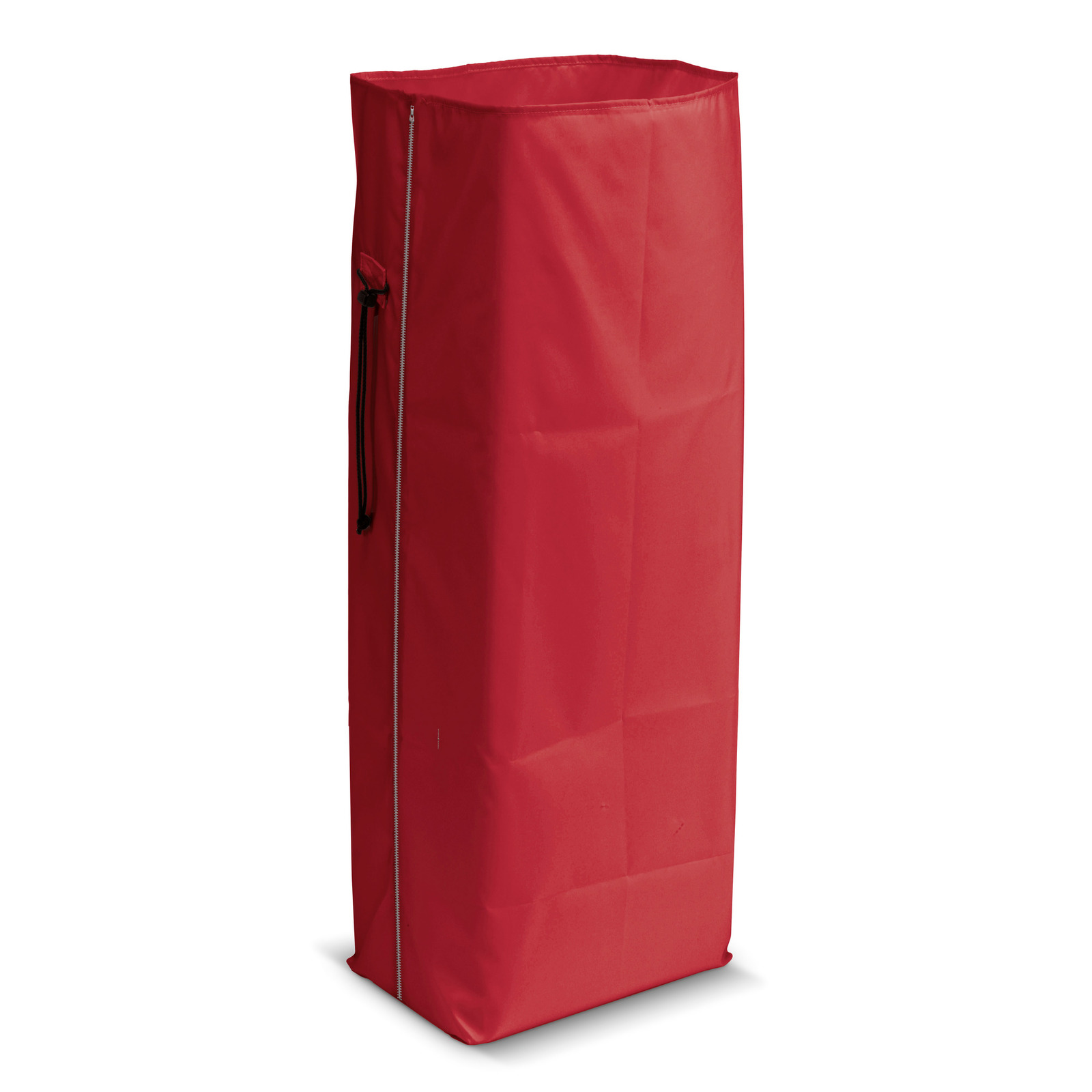 Tall red fabric storage bag with a zip closure and drawstring on the side, standing upright against a white background.
