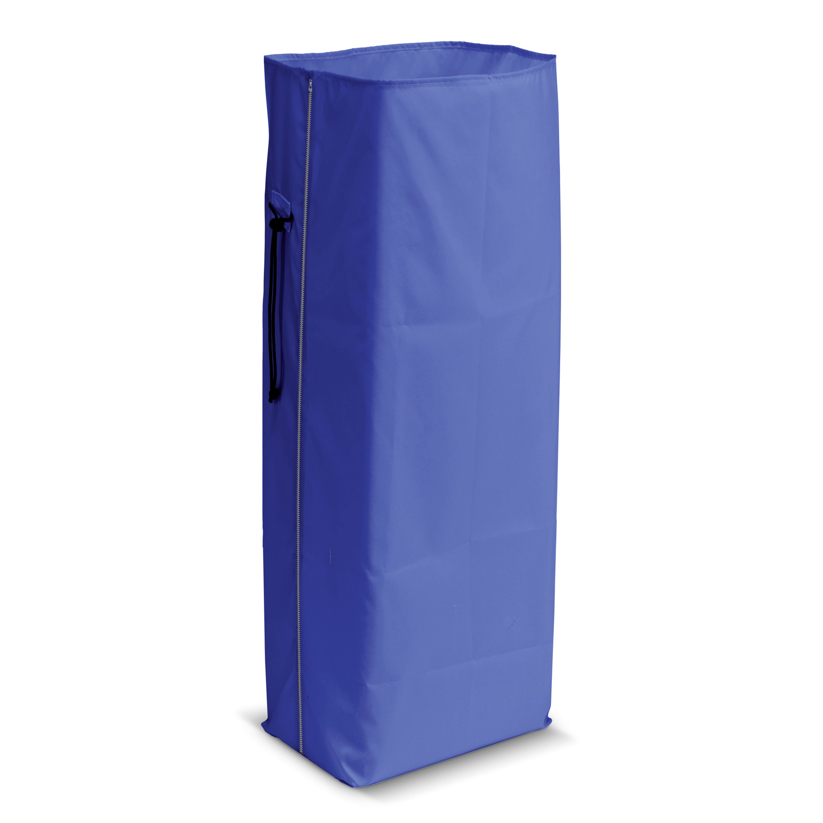 Tall blue fabric cover with a zip closure and black drawstring, standing upright against a white background. Tall blue fabric cover with a zip closure and black drawstring, standing upright against a white background.