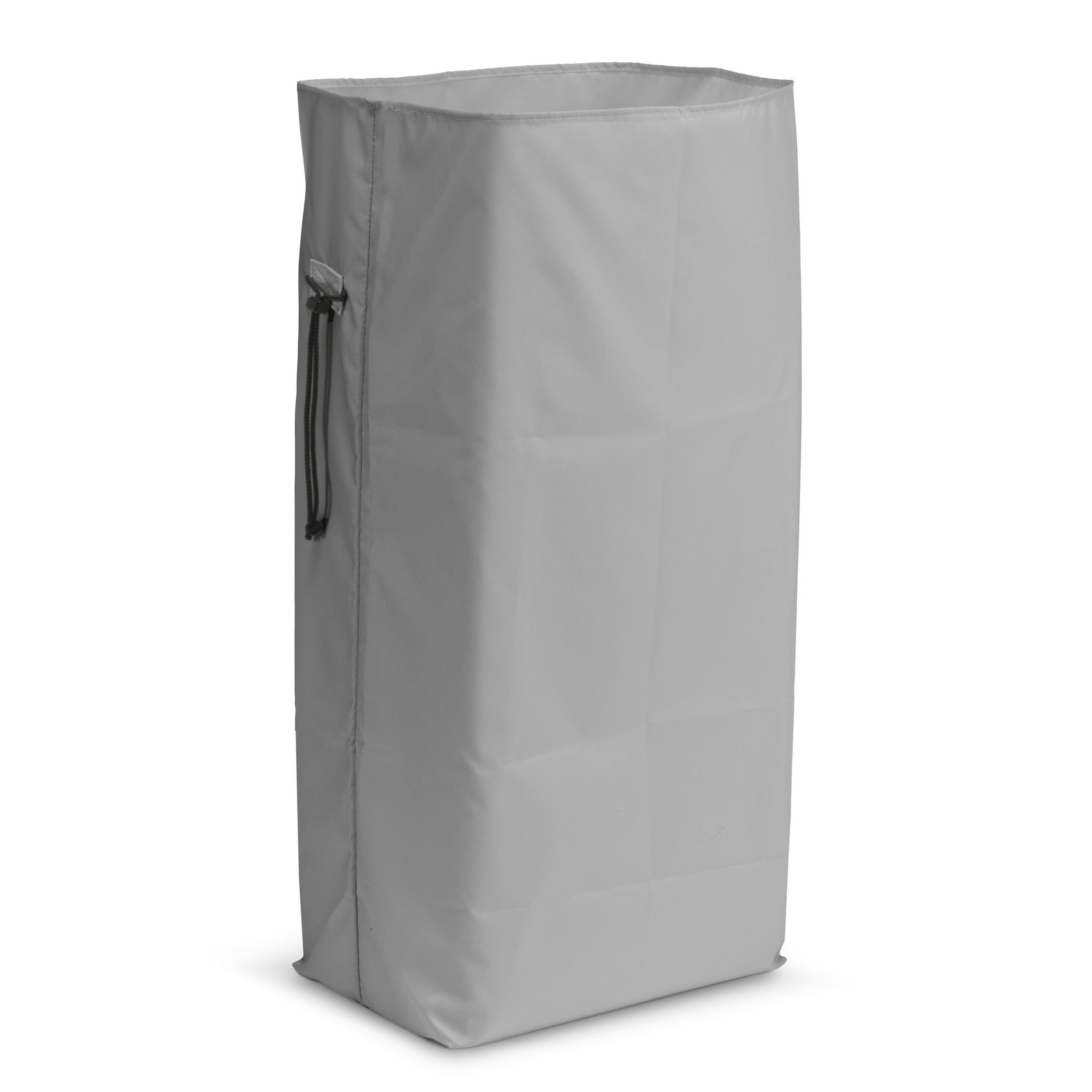 Grey rectangular cover with drawstring on the side, standing upright against a white background. Grey rectangular cover with drawstring on the side, standing upright against a white background.
