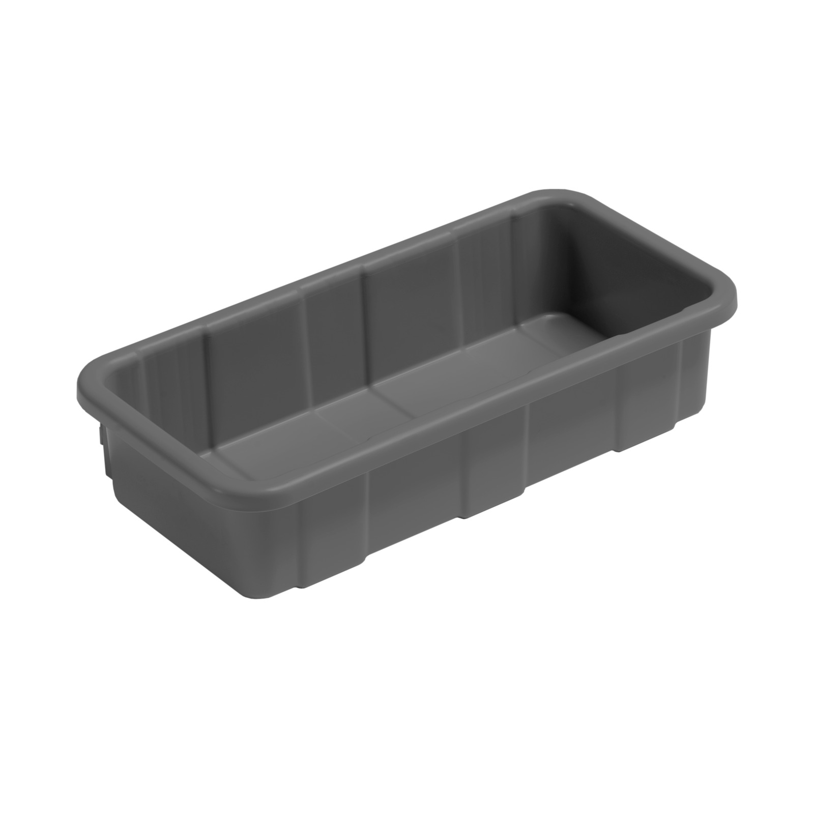 Grey rectangular plastic tray with raised edges and a smooth interior surface.