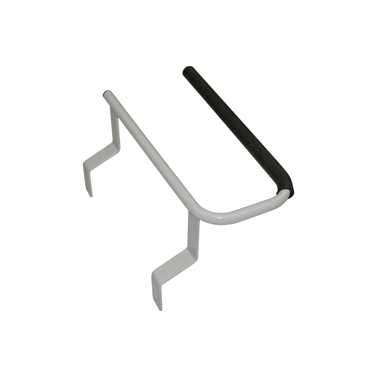 White metal handle with black foam grip, featuring two hooks for attachment. White metal handle with black foam grip, featuring two hooks for attachment.