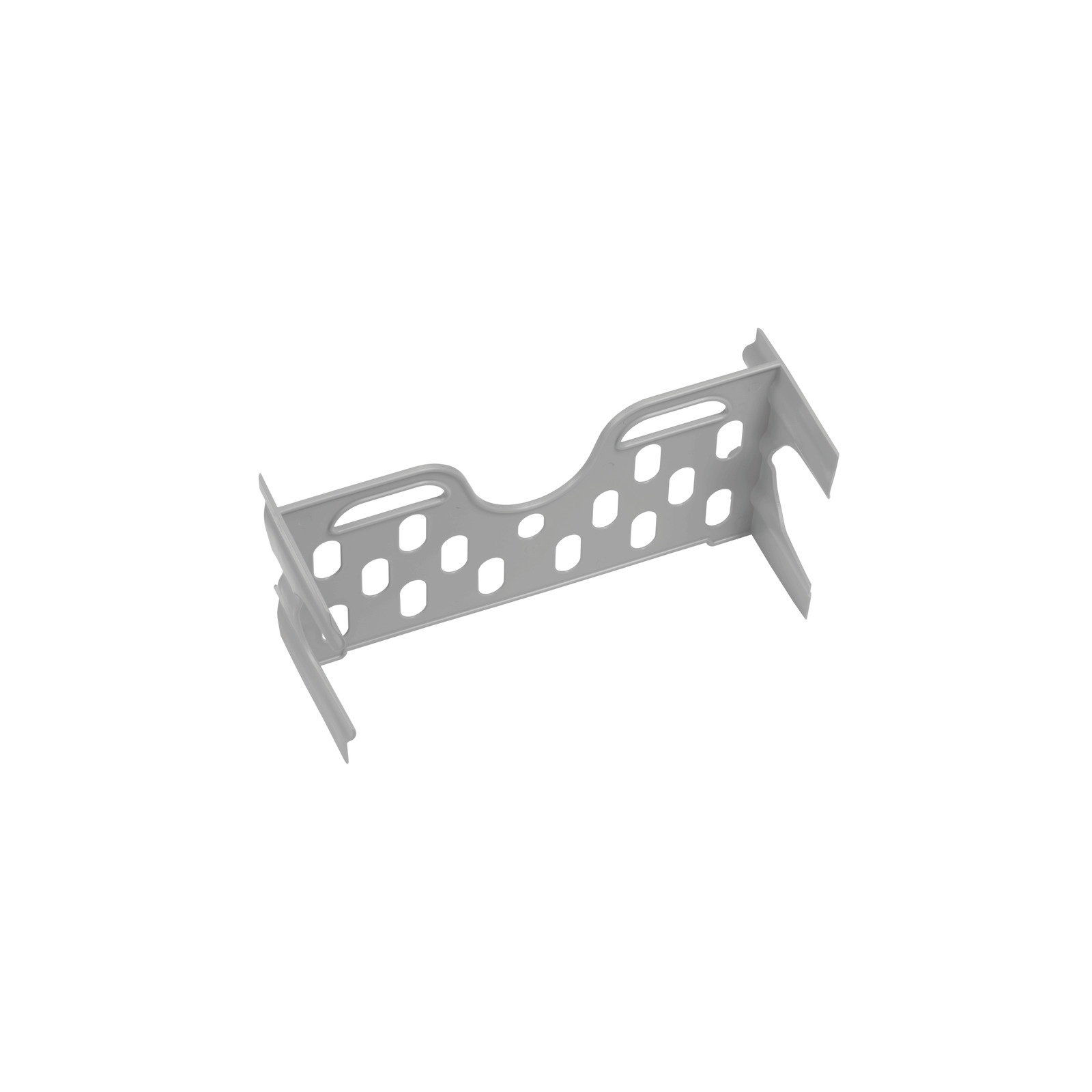 Grey metal bracket with multiple rectangular holes, designed for mounting or support, isolated on a white background.