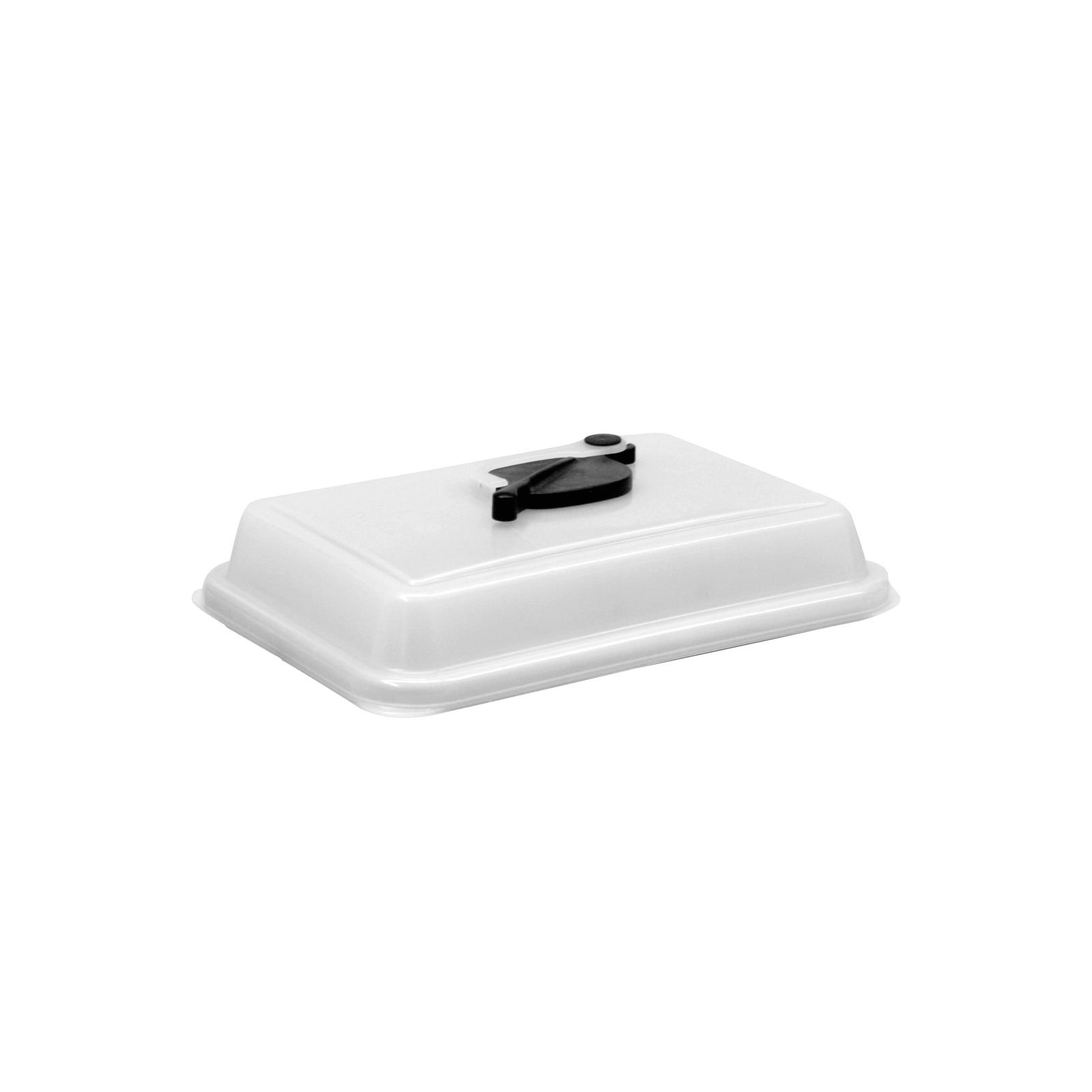 White rectangular plastic container lid with a black handle on top, isolated on a white background. White rectangular plastic container lid with a black handle on top, isolated on a white background.