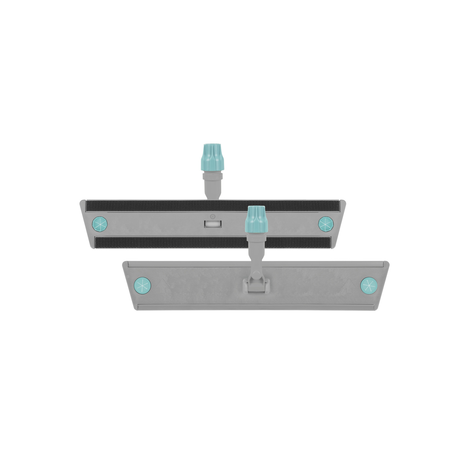 Two grey mop heads with turquoise connectors, one showing the top view and the other the bottom view. Two grey mop heads with turquoise connectors, one showing the top view and the other the bottom view.