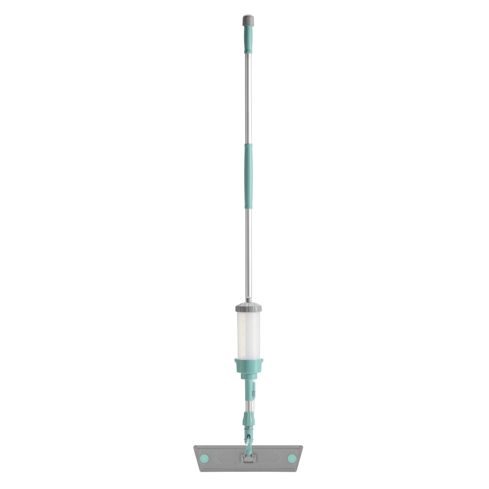 Grey and teal spray mop with a long handle and rectangular cleaning head, isolated on a white background. Grey and teal spray mop with a long handle and rectangular cleaning head, isolated on a white background.