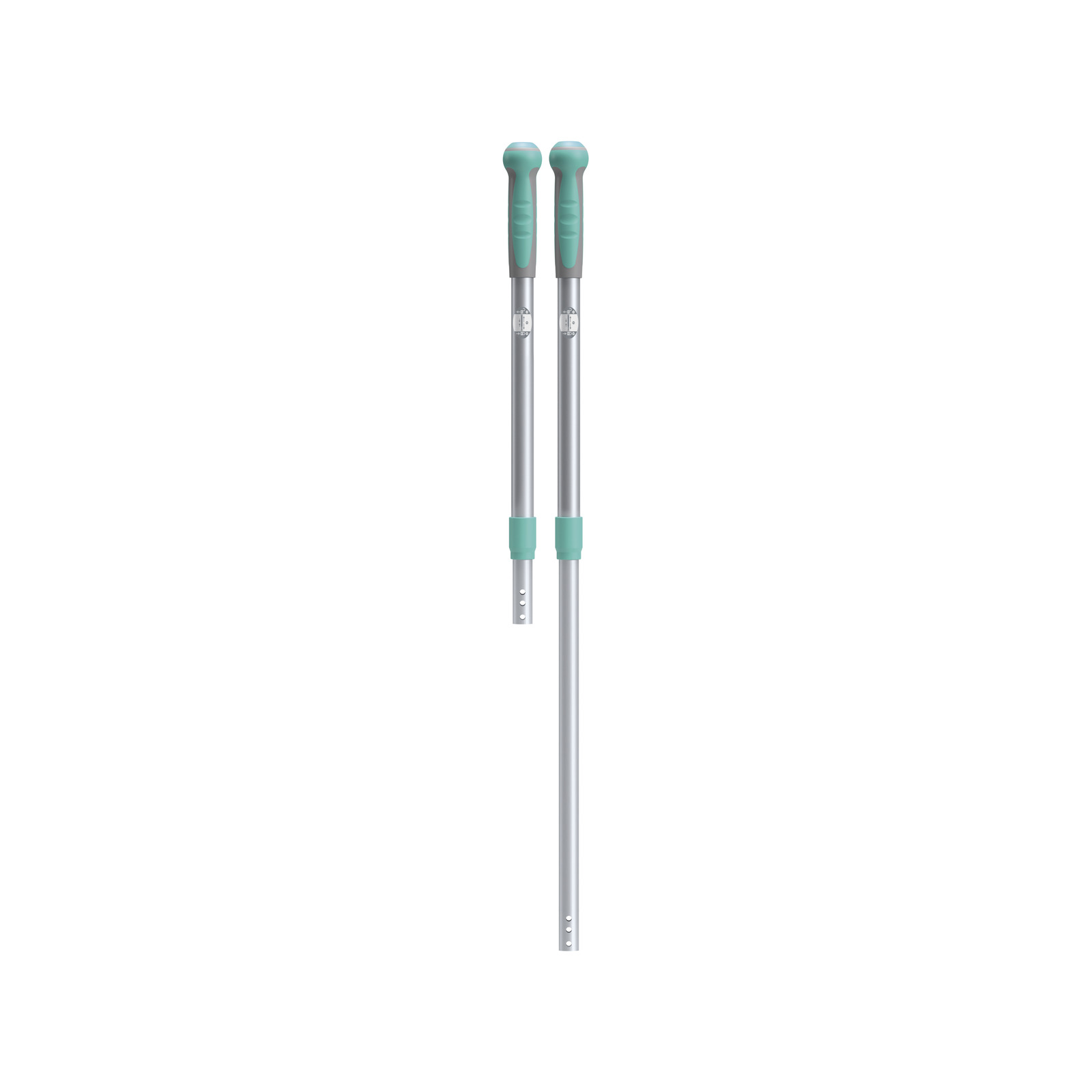 Two silver telescopic poles with teal handles and adjustable sections, isolated on a white background.