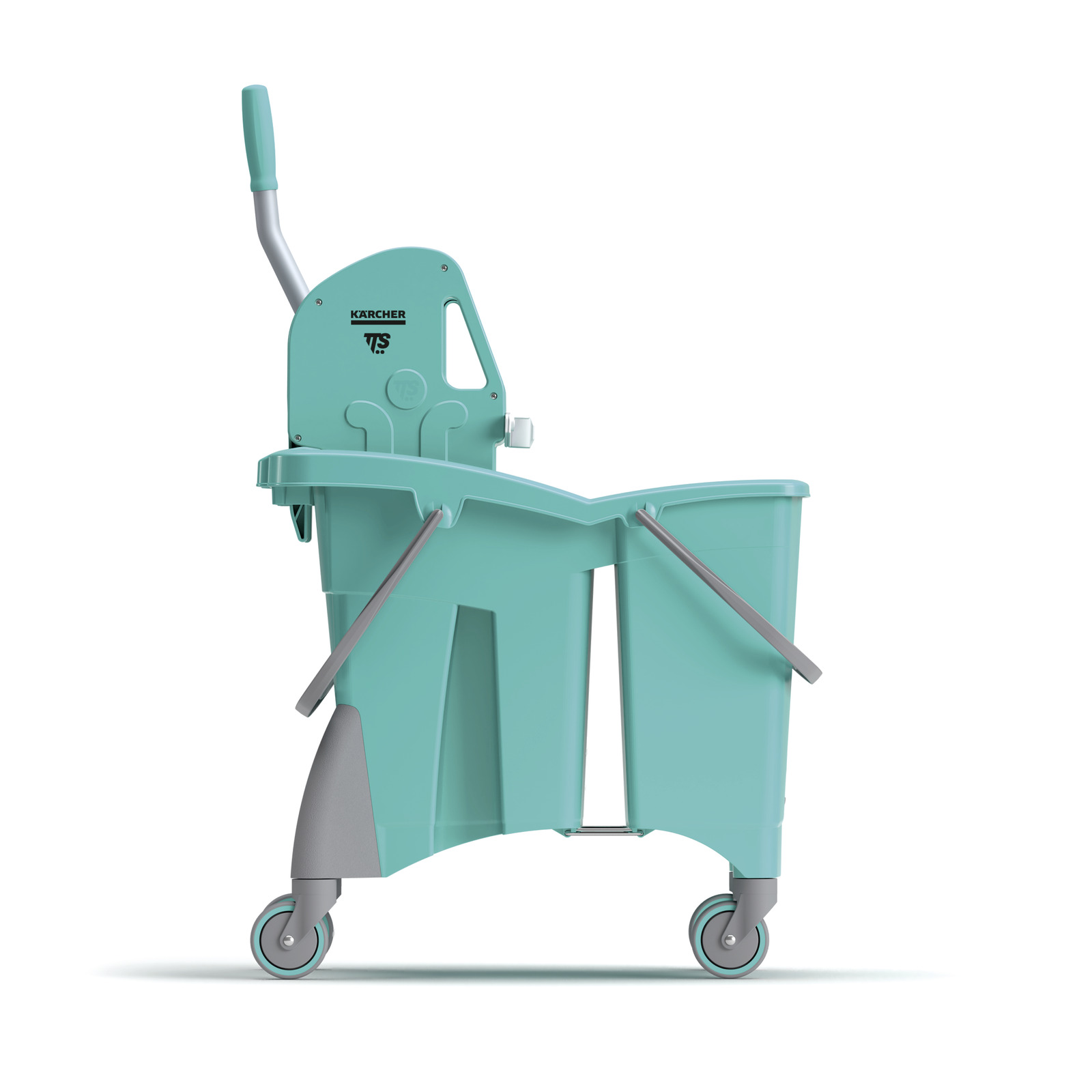 Turquoise Kärcher mop bucket with wringer, two compartments, and grey wheels, viewed from the side against a white background.