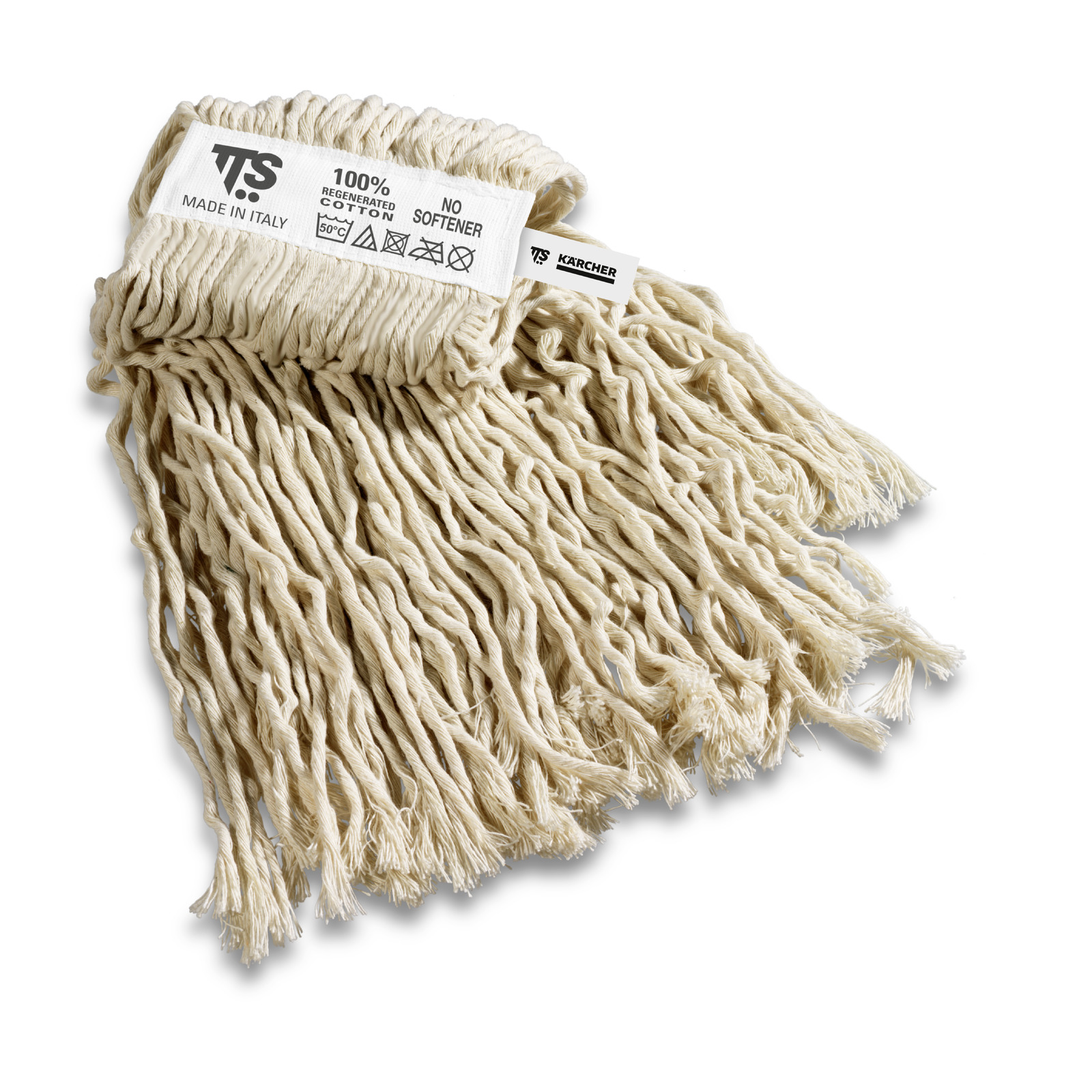 Beige cotton mop head with label showing care instructions and Kärcher branding. Made in Italy, 100% regenerated cotton. Beige cotton mop head with label showing care instructions and Kärcher branding. Made in Italy, 100% regenerated cotton.