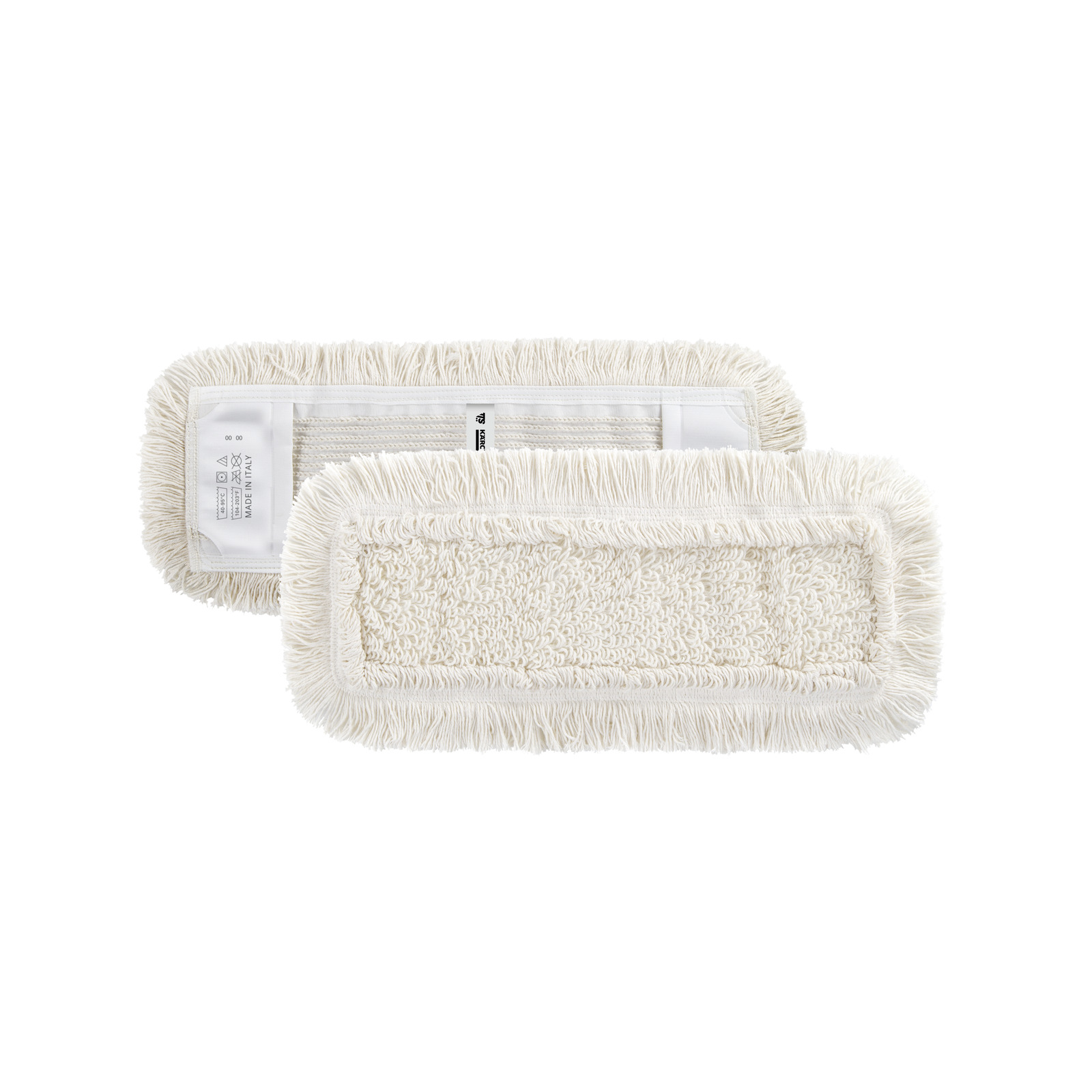 Two beige rectangular mop pads with fringed edges, one overlapping the other, on a white background.