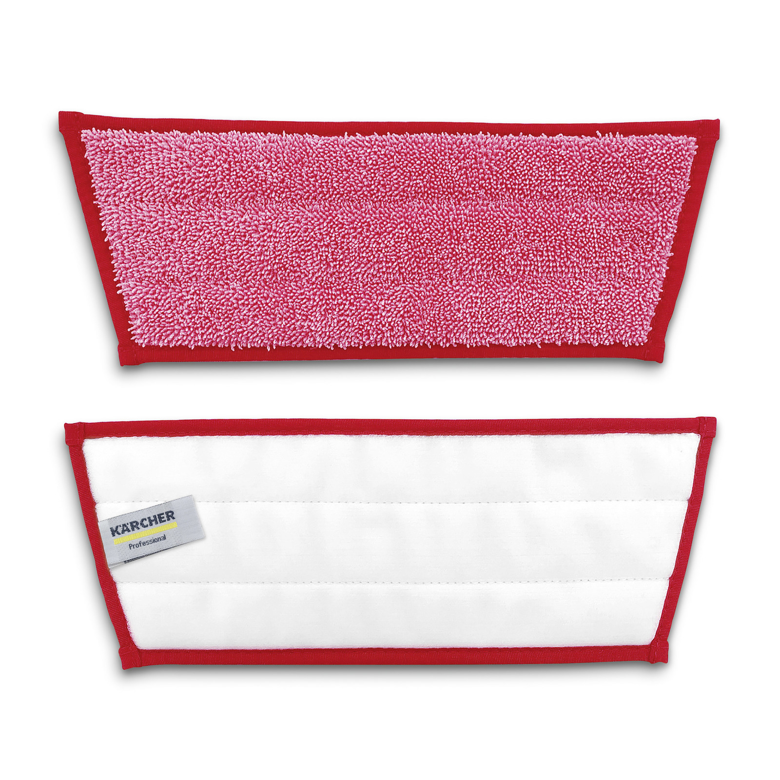 Zwei rote Reinigungstücher, oben mit Mikrofaser, unten mit weißem Stoff und Kärcher-Label.