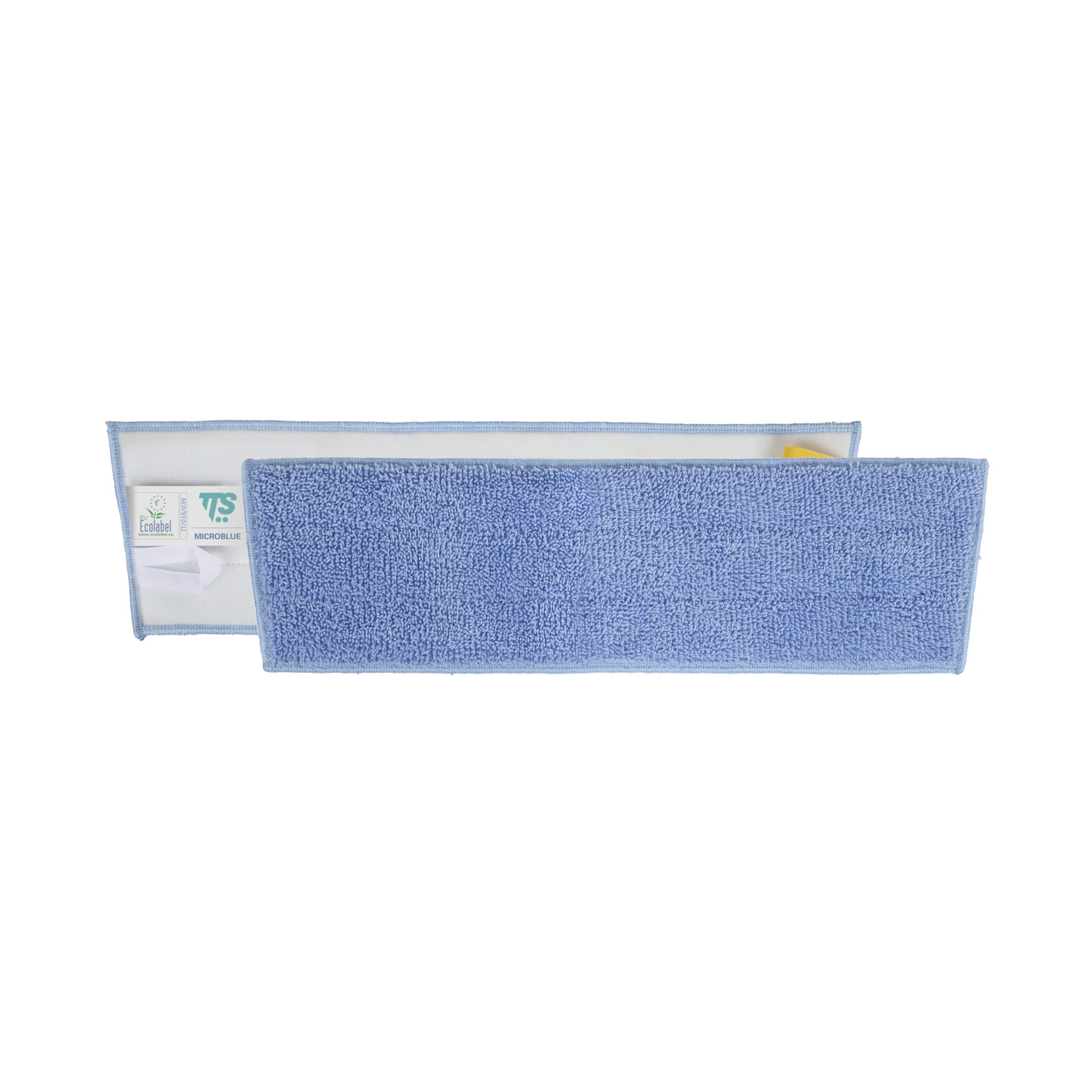 Blue rectangular microfiber mop pad with white backing, eco-label and brand tags visible.