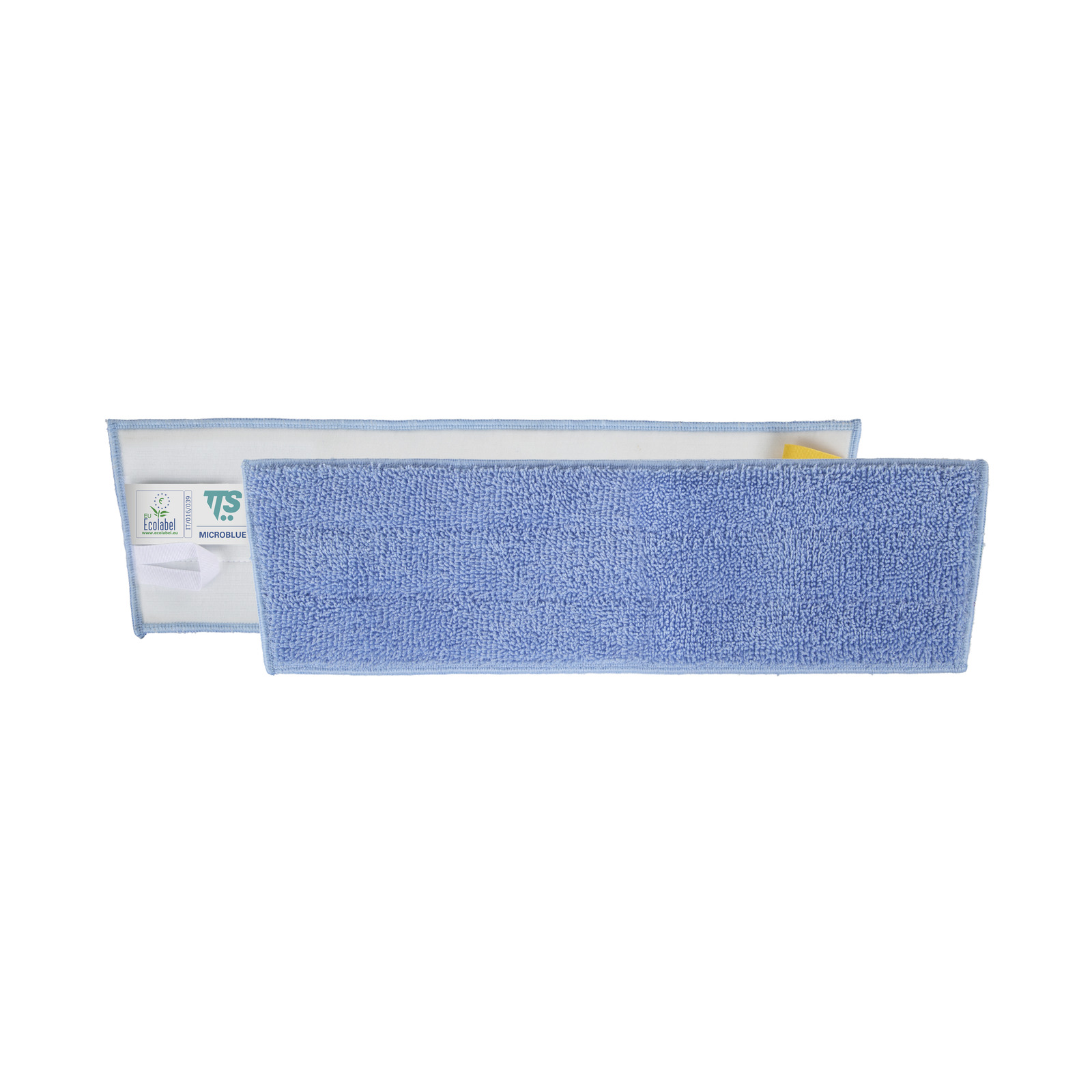 Two blue microfiber mop pads, one with visible eco-labels, laid flat on a white background. Two blue microfiber mop pads, one with visible eco-labels, laid flat on a white background.