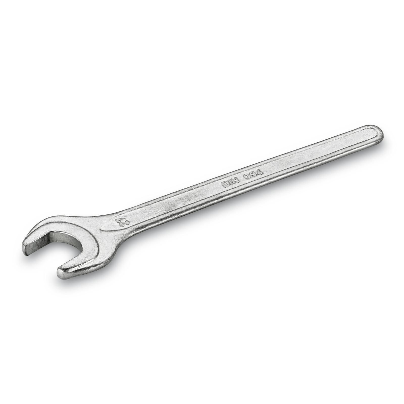 Silver open-end spanner with DIN 894 marking, lying on a white surface.