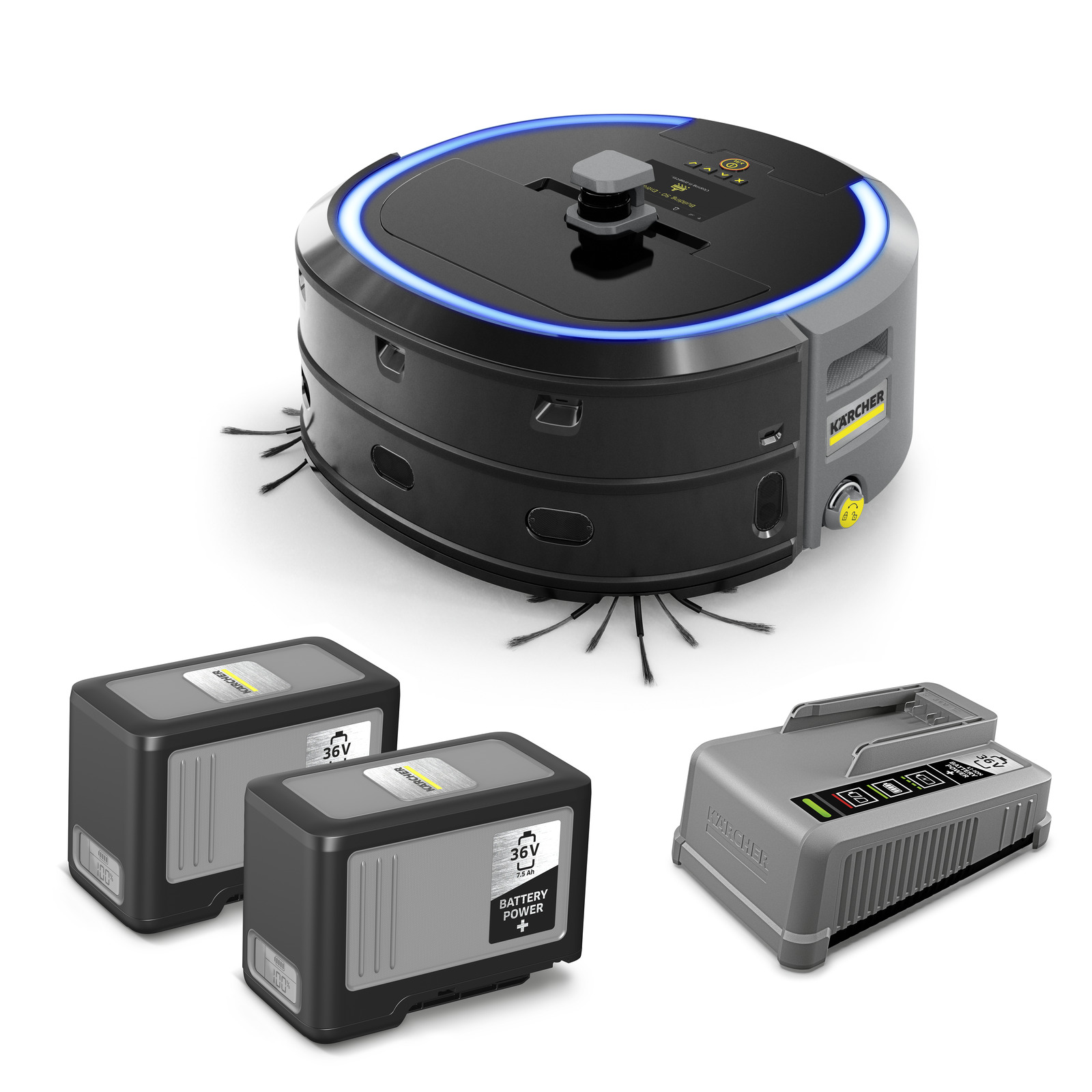 Kärcher robotic vacuum cleaner with two 36V batteries and a charger, featuring side brushes and LED indicators. Kärcher robotic vacuum cleaner with two 36V batteries and a charger, featuring side brushes and LED indicators.