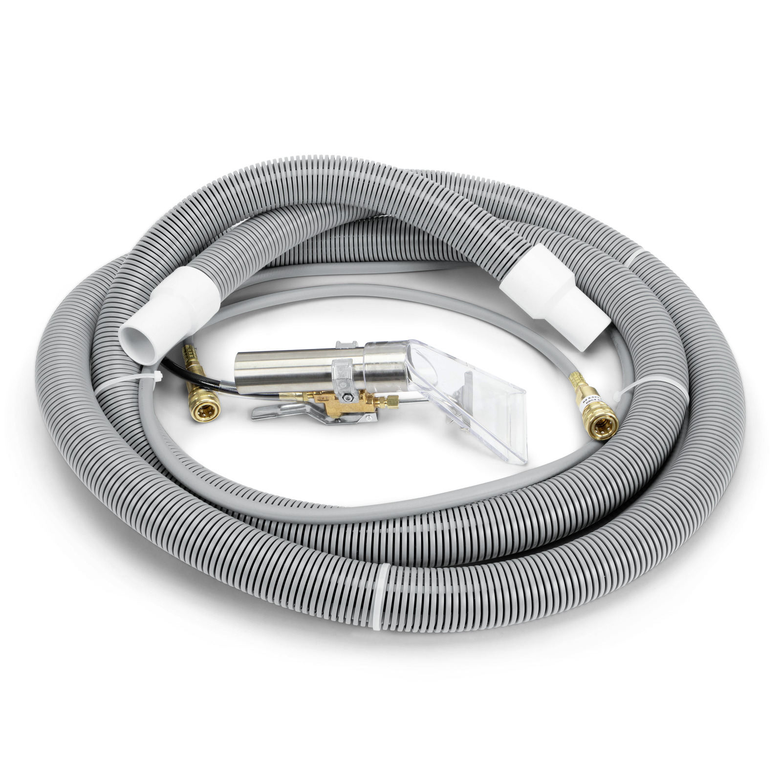Grey flexible hose with white connectors and a clear nozzle attachment, coiled on a white background. Grey flexible hose with white connectors and a clear nozzle attachment, coiled on a white background.