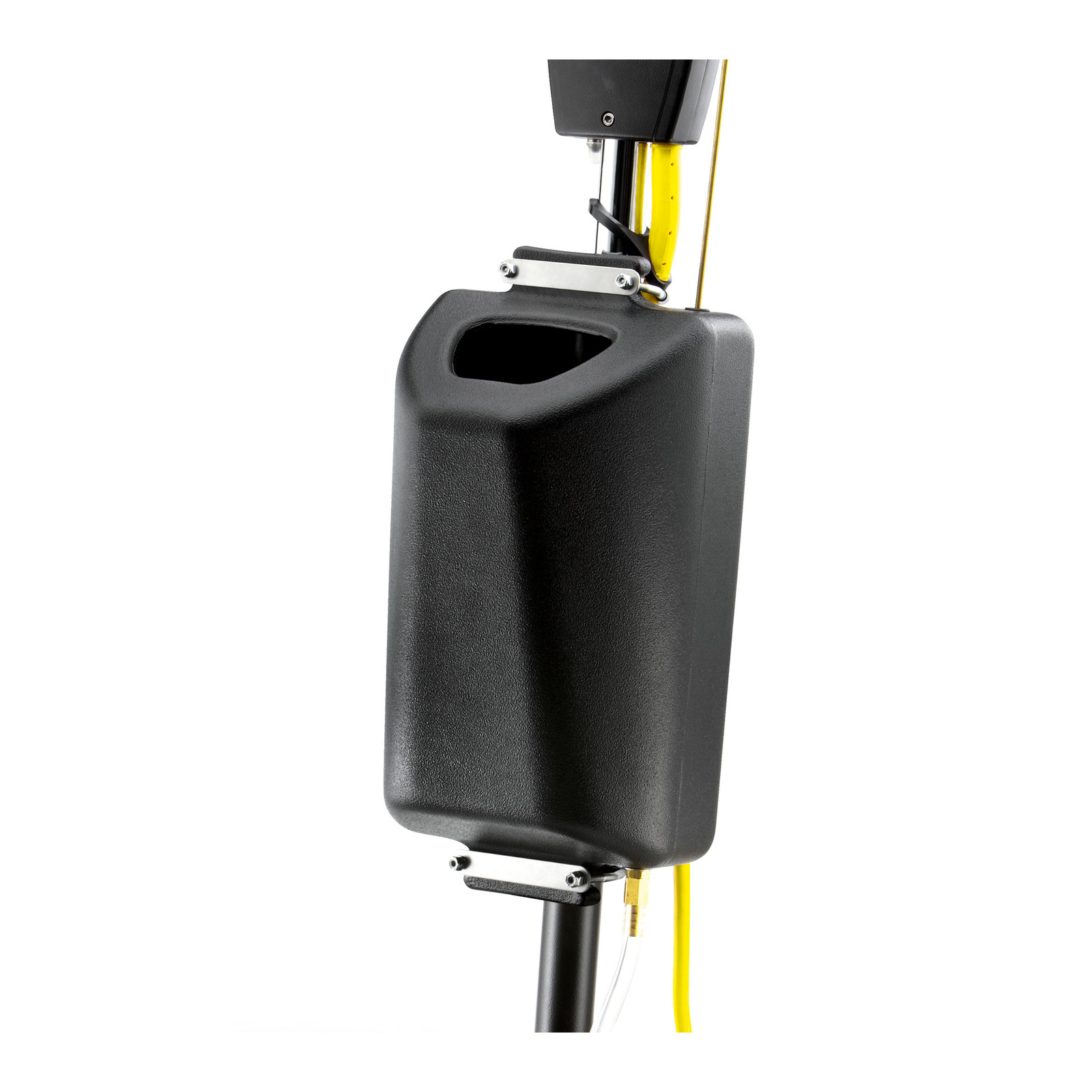 Black Kärcher vacuum cleaner tank with yellow cable, mounted on a metal frame. Black Kärcher vacuum cleaner tank with yellow cable, mounted on a metal frame.