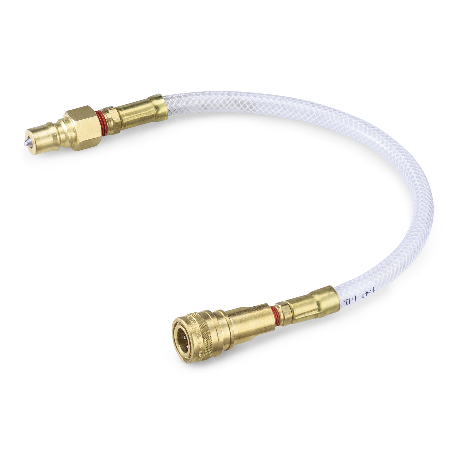 Kärcher accessory: a short, clear flexible hose with brass quick-connect and quick-release couplings, presented on a plain white background.