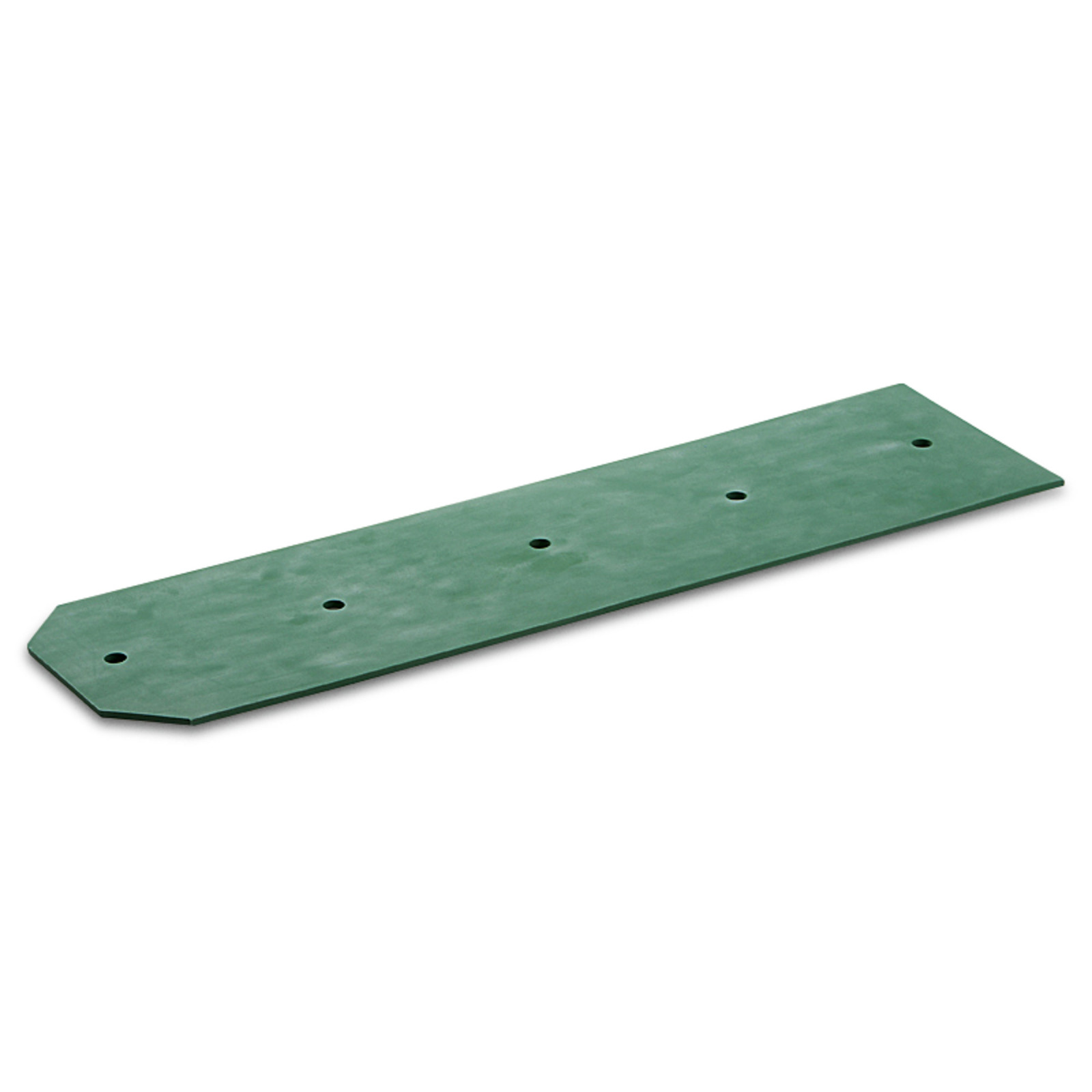 Green rectangular rubber strip with five evenly spaced holes, angled corners, isolated on a white background. Green rectangular rubber strip with five evenly spaced holes, angled corners, isolated on a white background.